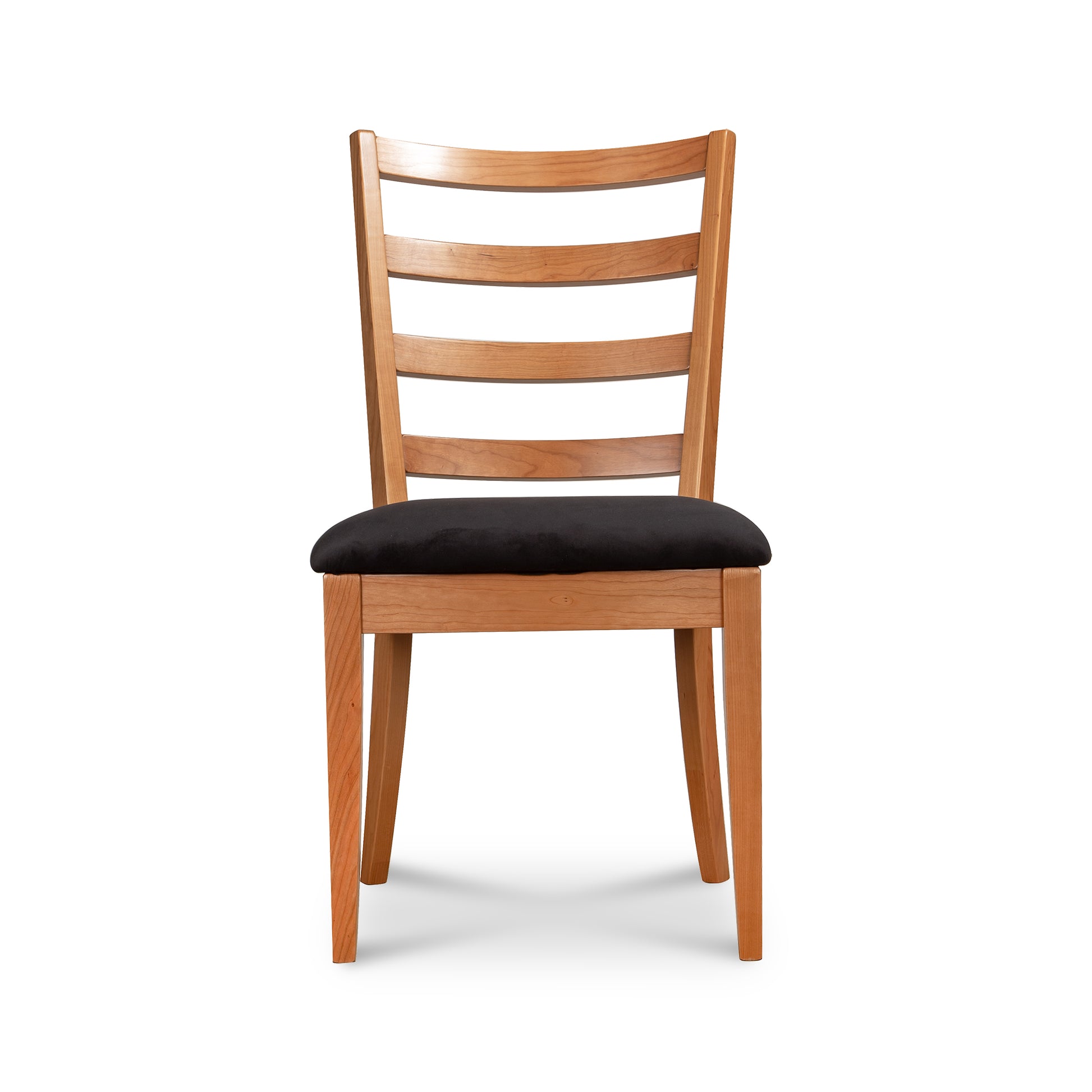 Bromley Ladder-Back Chair by Vermont Woods Studios with black upholstery, shown from the front to highlight craftsmanship and design details.