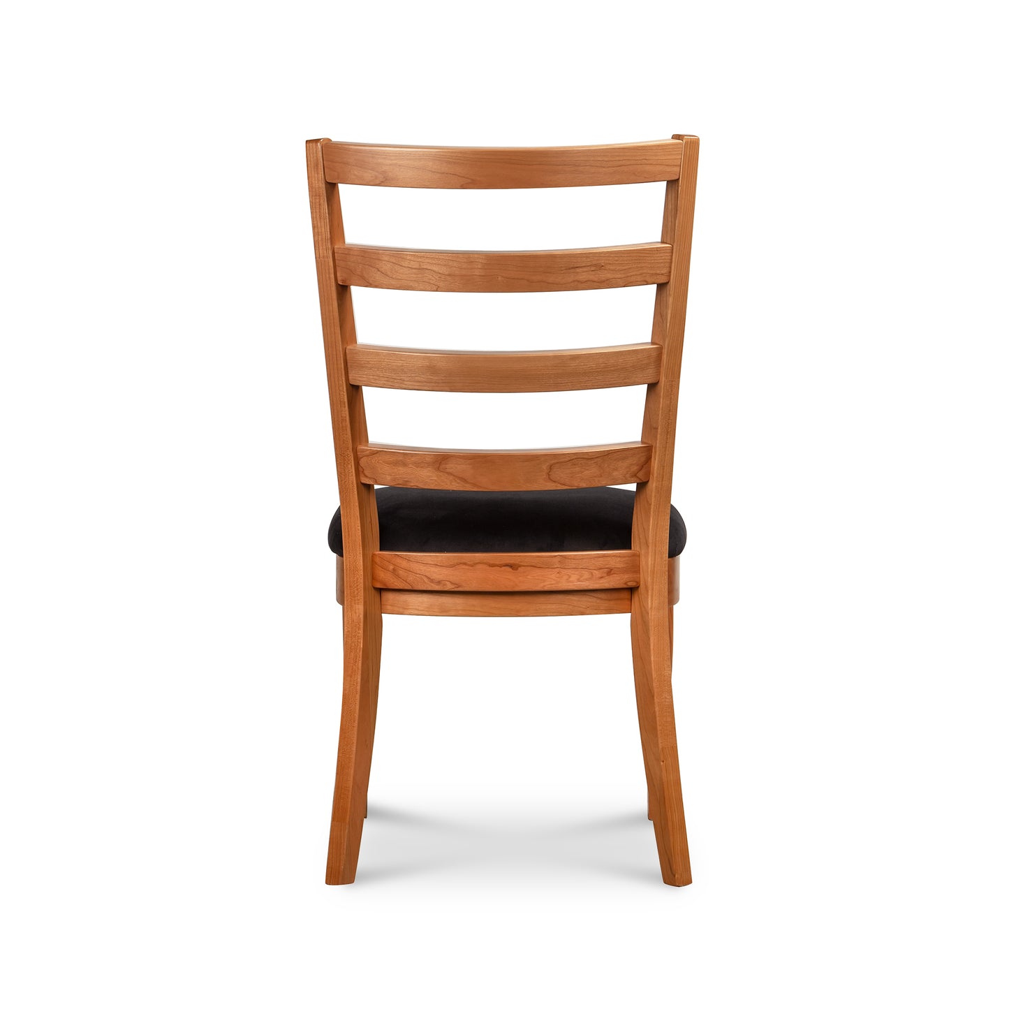 Bromley Ladder-Back Chair by Vermont Woods Studios, crafted from natural wood with black upholstery, displayed from the back.