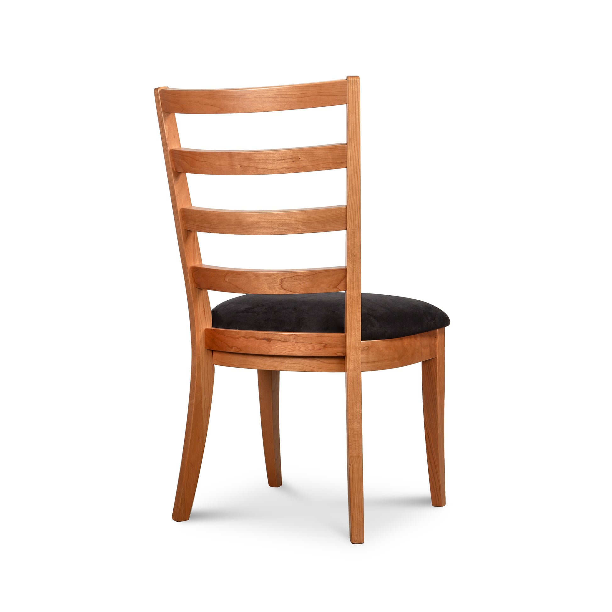 Bromley Ladder-Back Chair with black upholstery by Vermont Woods Studios, featuring American craftsmanship and premium materials, back view.