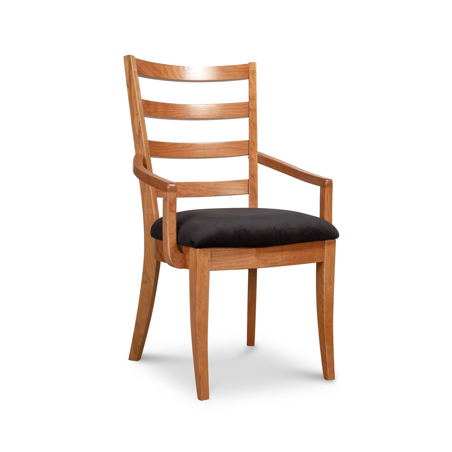 Bromley Ladder-Back Chair by Vermont Woods Studios with elegant black upholstery, highlighting its quality craftsmanship and classic ladder-back design.