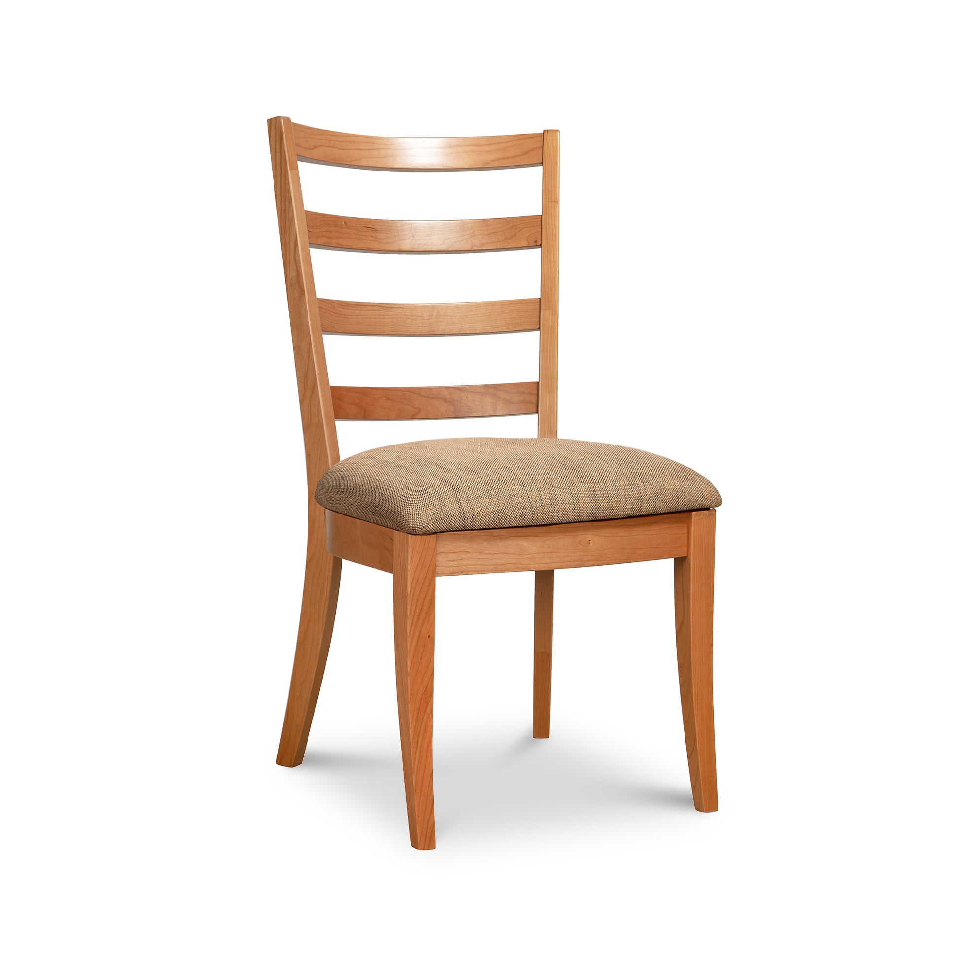Bromley Ladder-Back Chair by Vermont Woods Studios with black upholstery, highlighting its craftsmanship and sleek design.