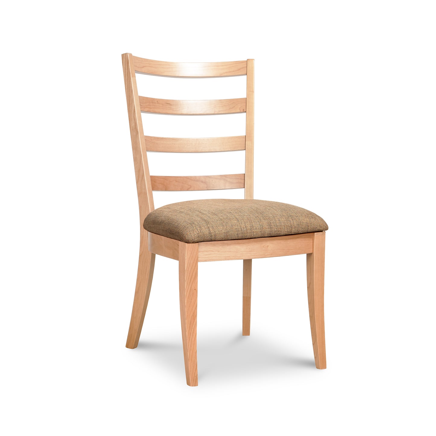 Vermont Woods Studios Bromley Ladder-Back Chair with black upholstery, highlighting its elegant design and craftsmanship in a floor model display.
