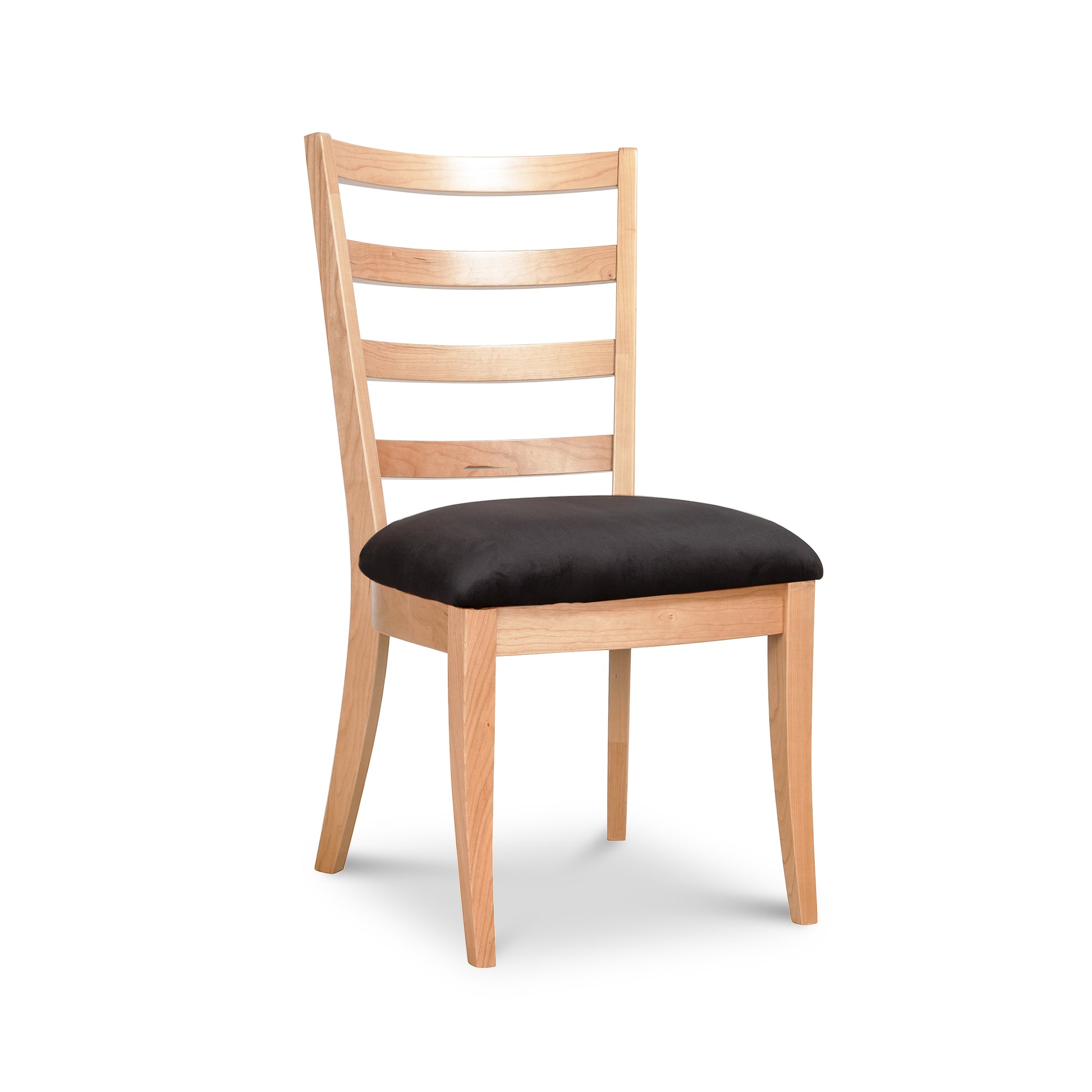 Bromley Ladder-Back Chair by Vermont Woods Studios with black upholstery, showcasing American-made craftsmanship and elegant ladder-back design.