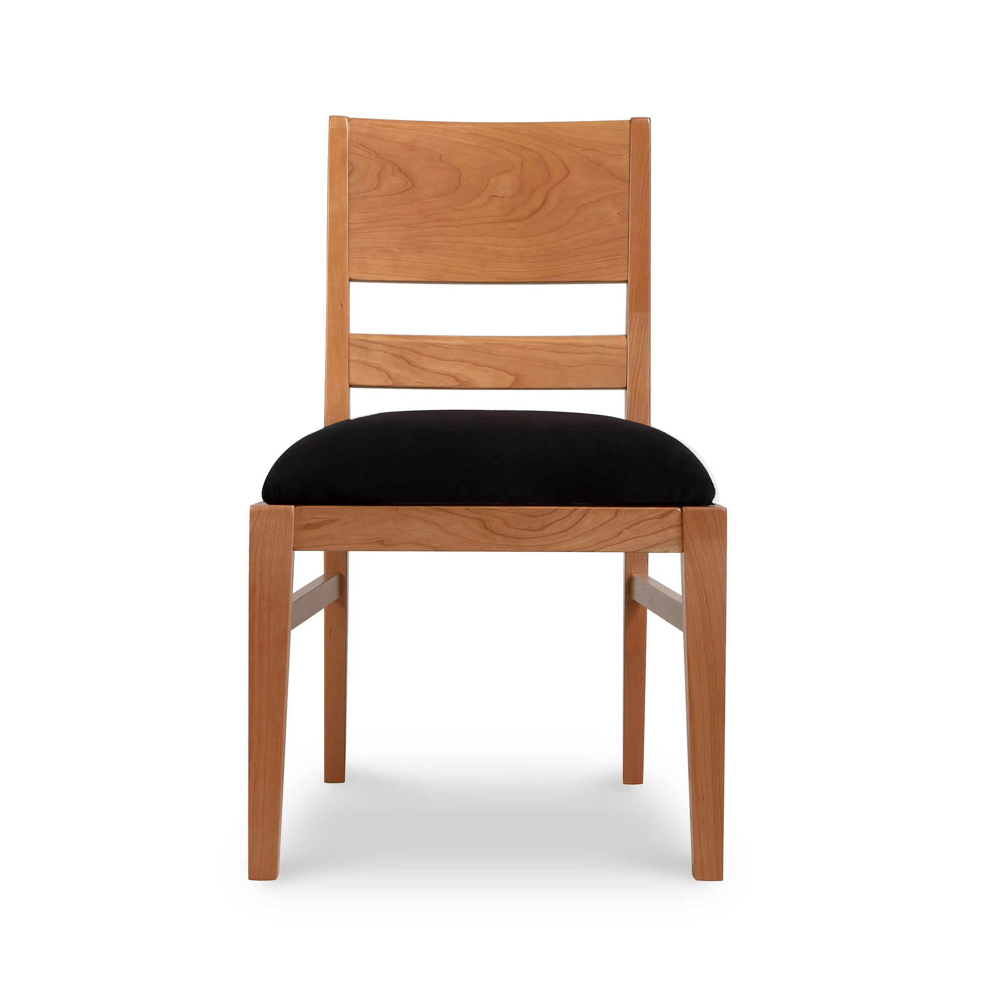 Burke Modern Chair by Vermont Woods Studios with black upholstery, straight legs, and slatted backrest displayed from the front.