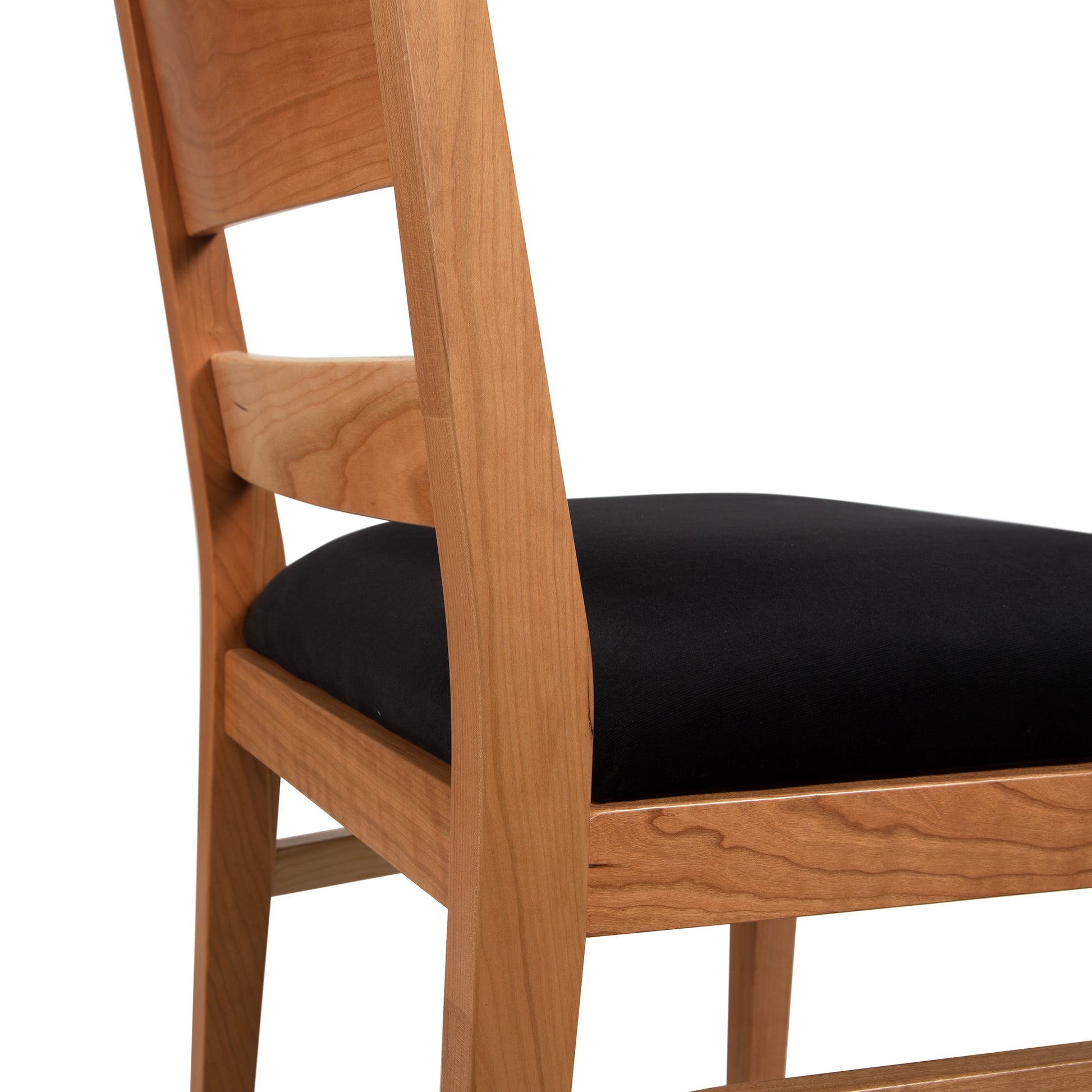 Burke Modern Chair with black upholstery, Scandinavian-inspired design by Vermont Woods Studios. American made, high quality craftsmanship shown close up.