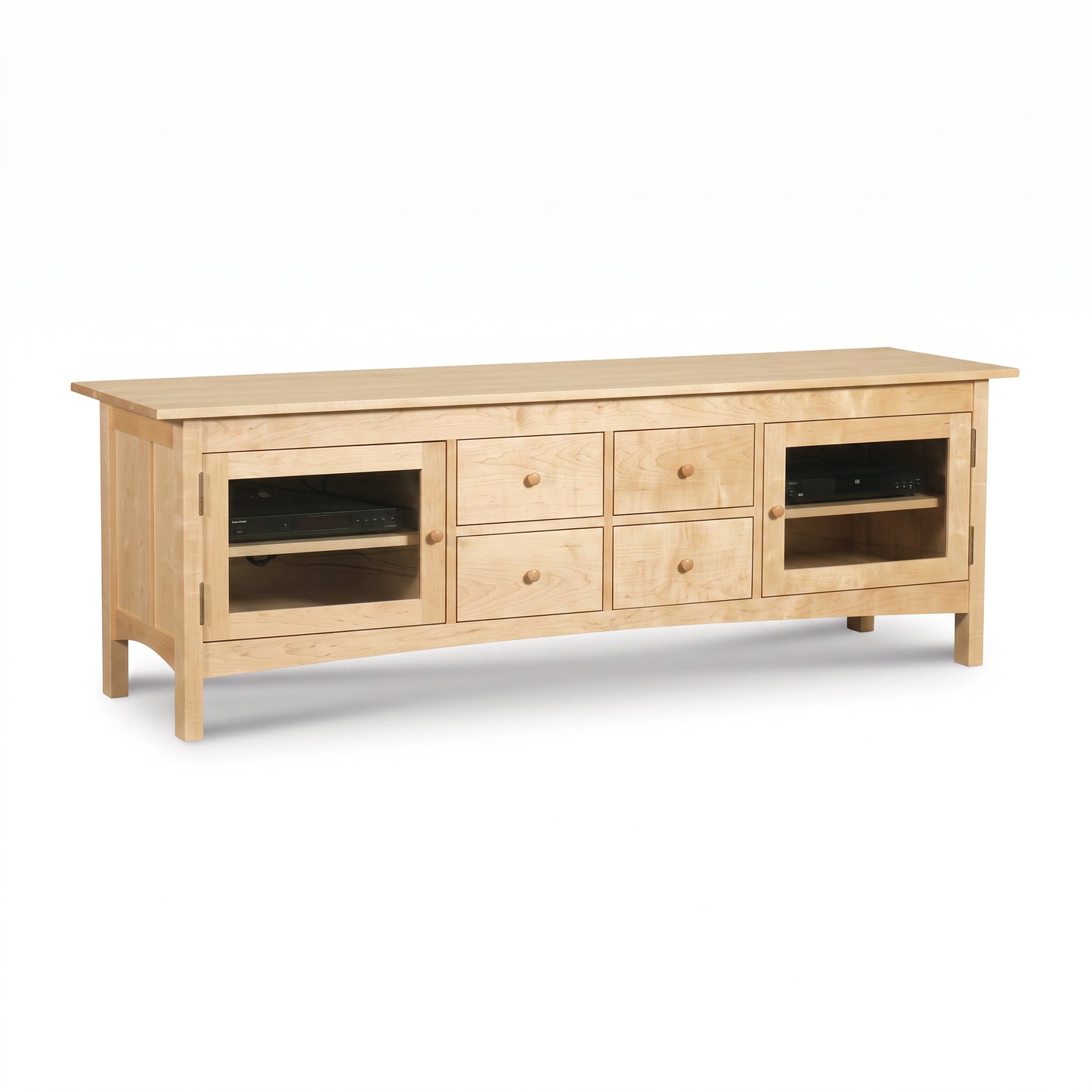 Burlington Shaker 4-Drawer Media Console in light wood with glass cabinets by Vermont Furniture Designs, American-made quality craftsmanship.