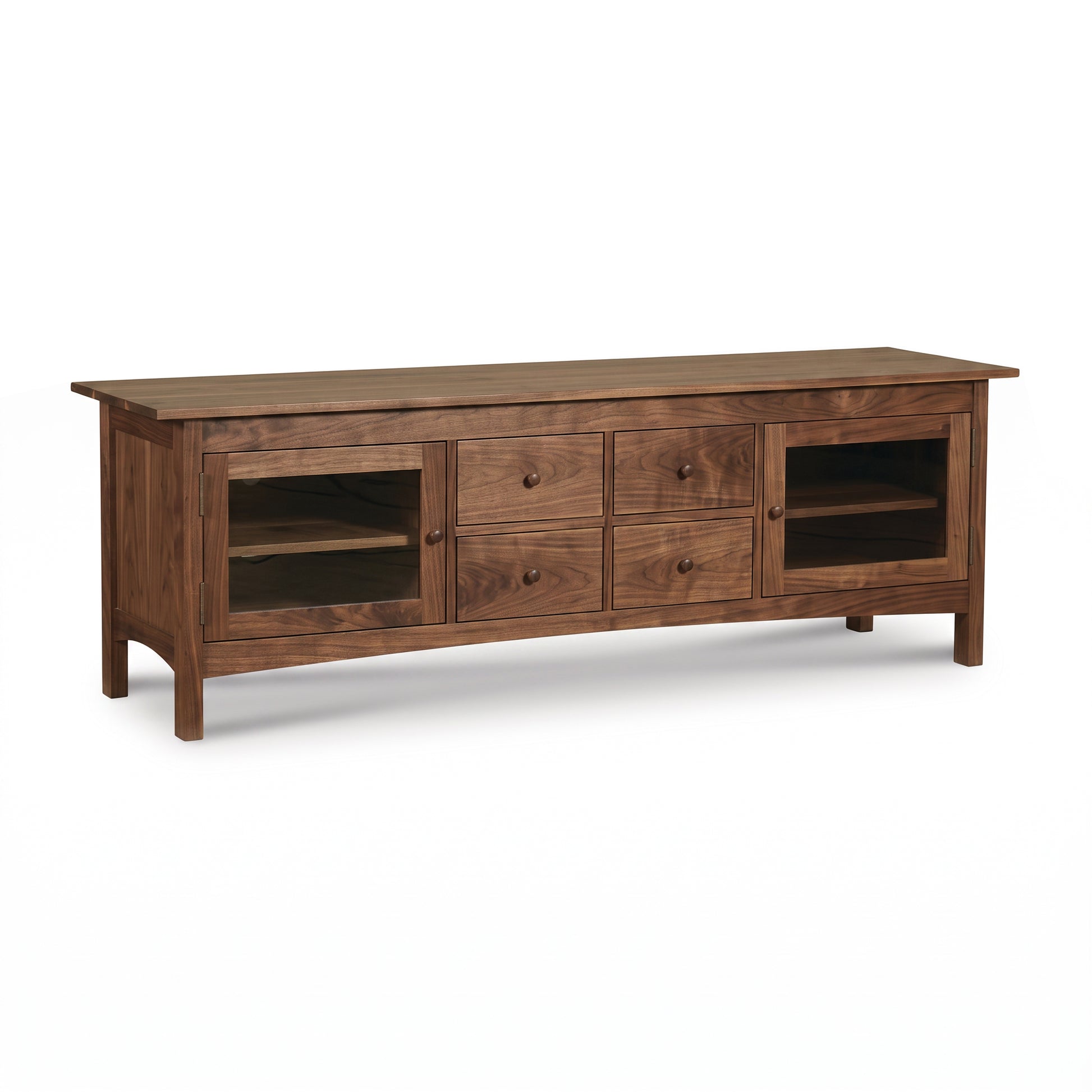 Burlington Shaker 4-Drawer Media Console by Vermont Furniture Designs with two glass-door cabinets and four central drawers, American made.