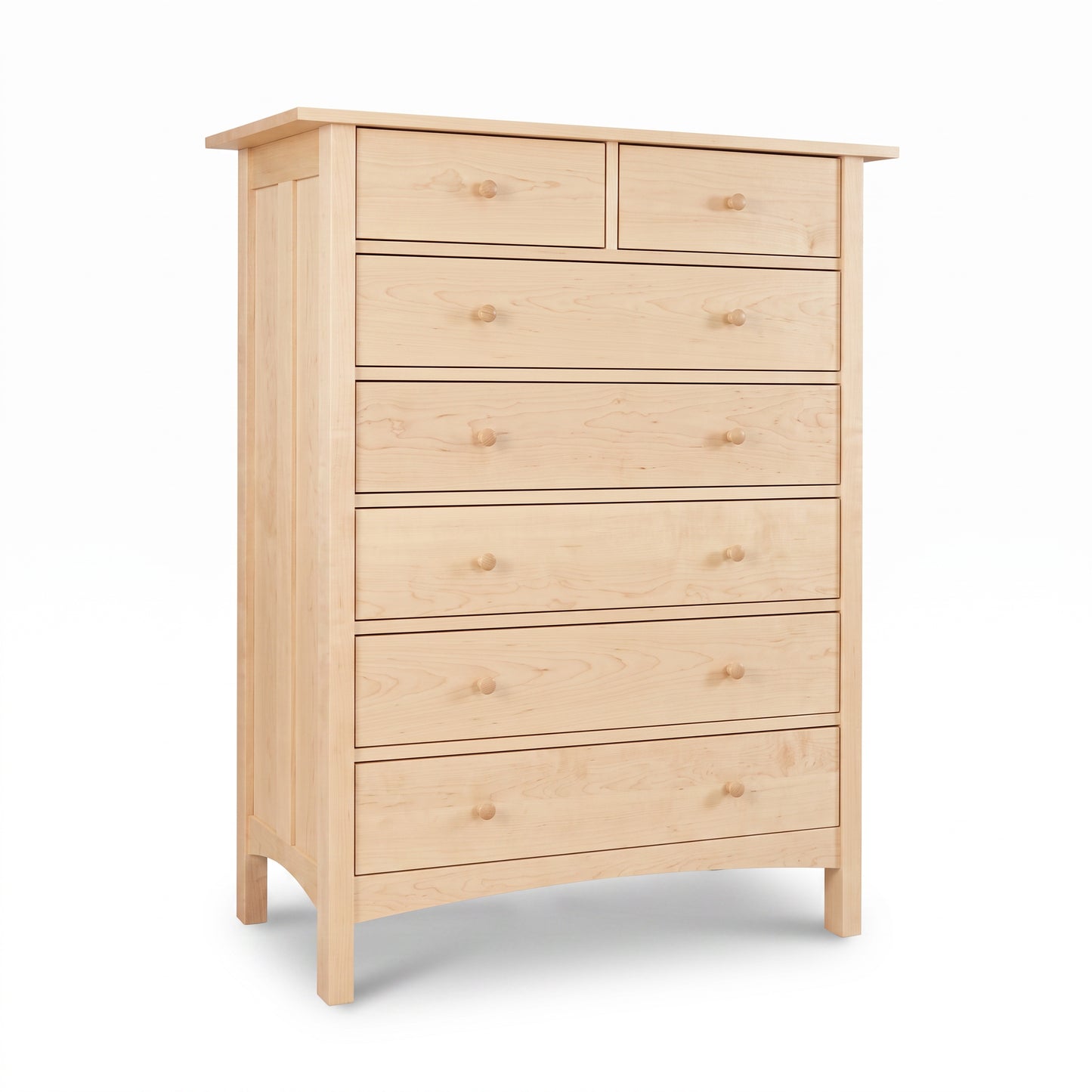 Burlington Shaker 7-Drawer Chest by Vermont Furniture Designs in solid wood, with 2 small and 5 large drawers and round knobs, American made.