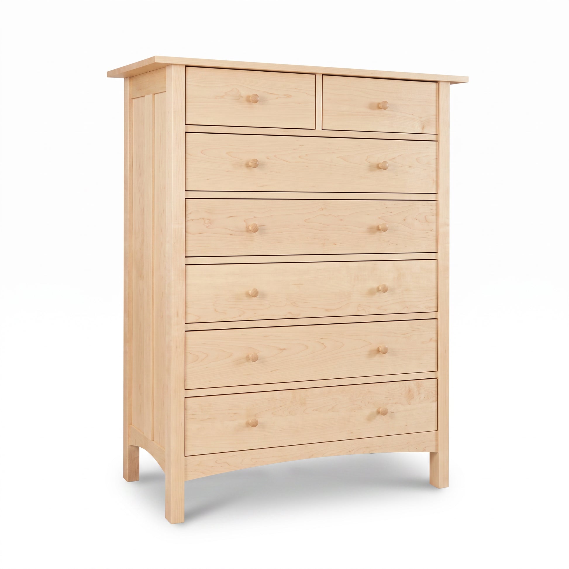 Burlington Shaker 7-Drawer Chest by Vermont Furniture Designs in solid wood, with 2 small and 5 large drawers and round knobs, American made.