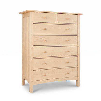 Burlington Shaker 7-Drawer Chest by Vermont Furniture Designs in solid wood, with 2 small and 5 large drawers and round knobs, American made.