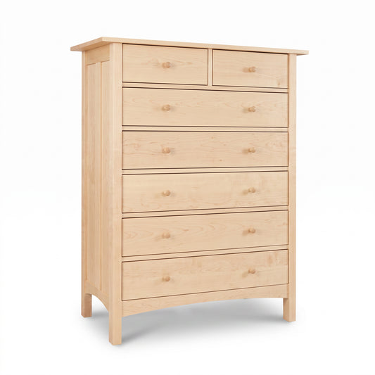 Burlington Shaker 7-Drawer Chest by Vermont Furniture Designs in solid wood, with 2 small and 5 large drawers and round knobs, American made.