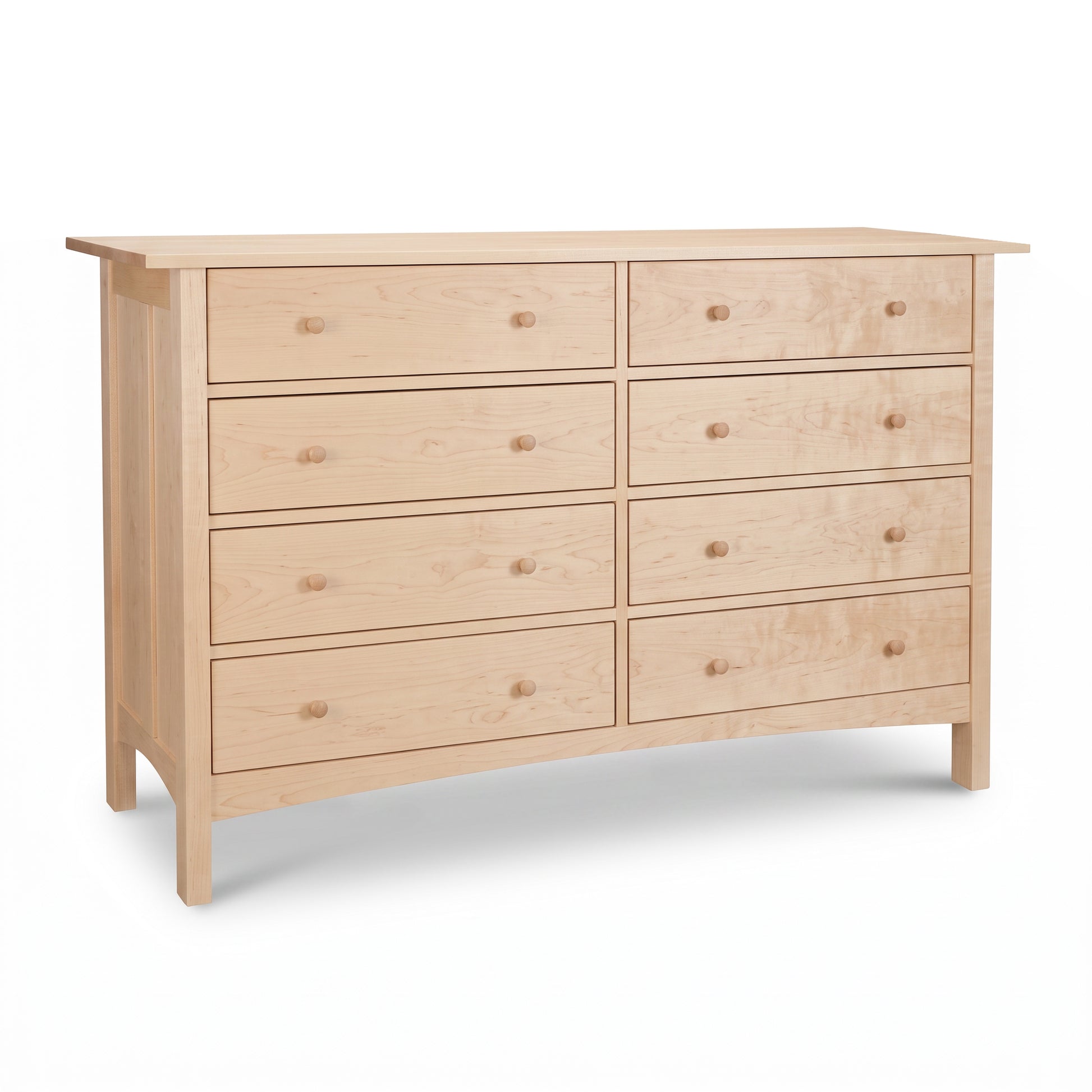 Burlington Shaker 8-Drawer Dresser in light wood by Vermont Furniture Designs, featuring round knobs and sturdy four-leg base.
