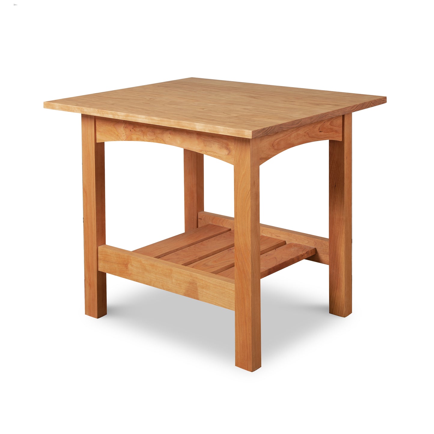 Burlington Shaker Lamp Table with solid wood legs, slatted shelf, and eco-friendly oil finish, handcrafted by Vermont Furniture Designs.