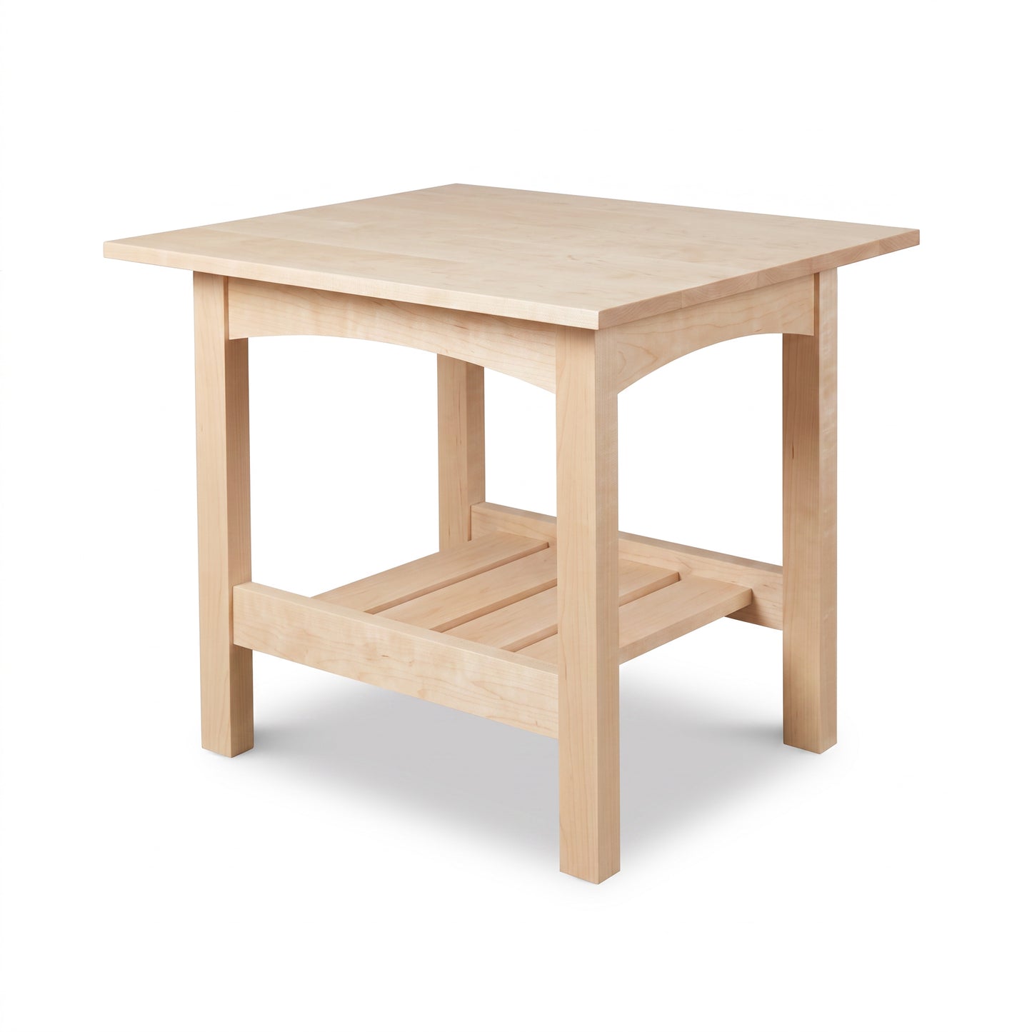 Burlington Shaker Lamp Table in solid, unfinished light wood, handcrafted with a square top and lower slatted shelf by Vermont Furniture Designs.