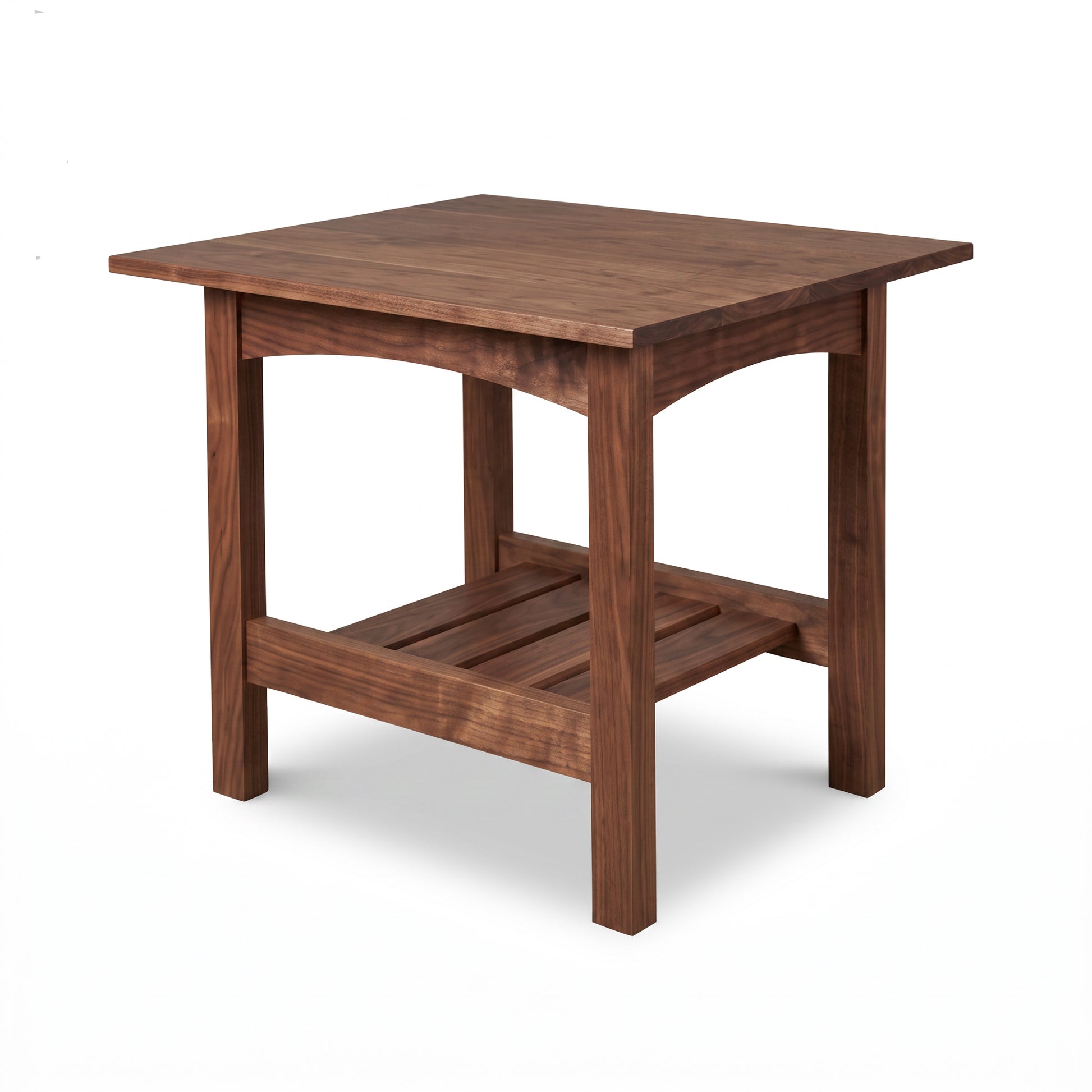 Burlington Shaker Lamp Table by Vermont Furniture Designs, crafted in solid wood with arched support, slatted shelf, and classic handmade detailing.