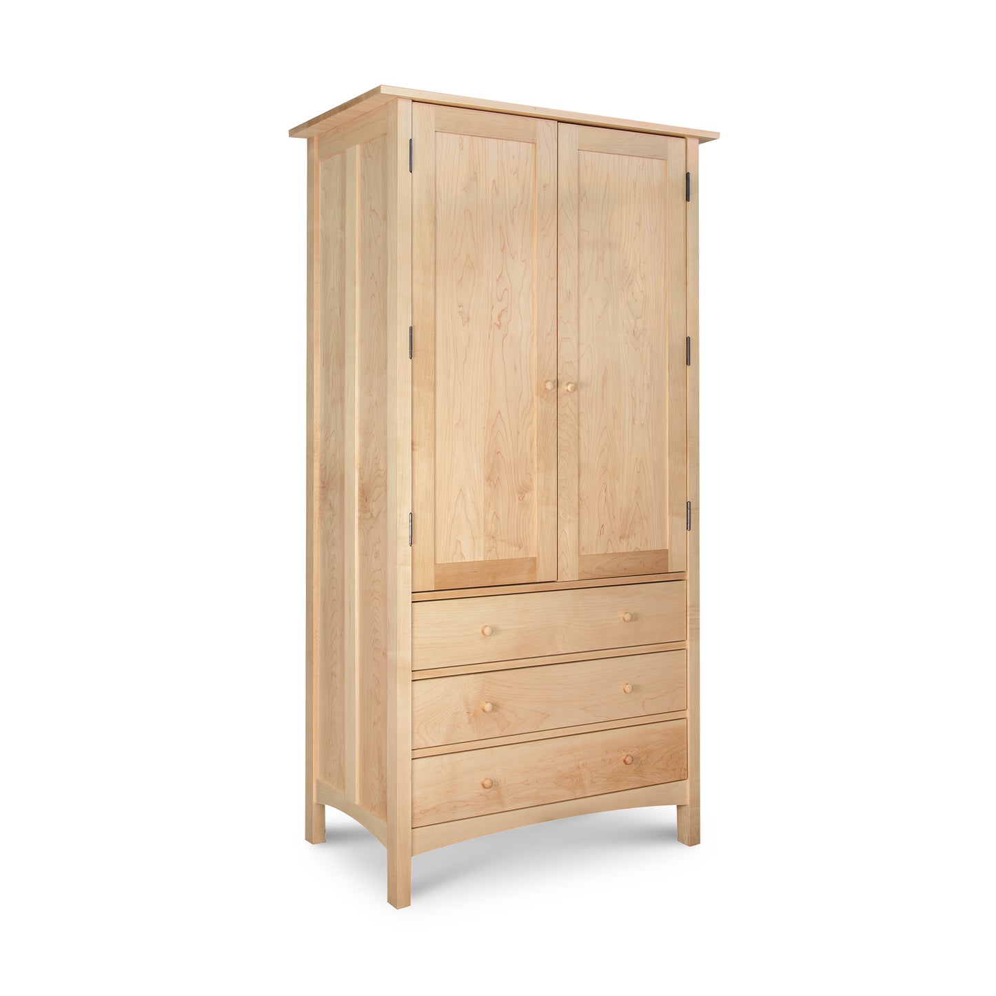 Burlington Shaker Tall Armoire by Vermont Furniture Designs in light wood with two doors and three drawers, handcrafted in classic American style.