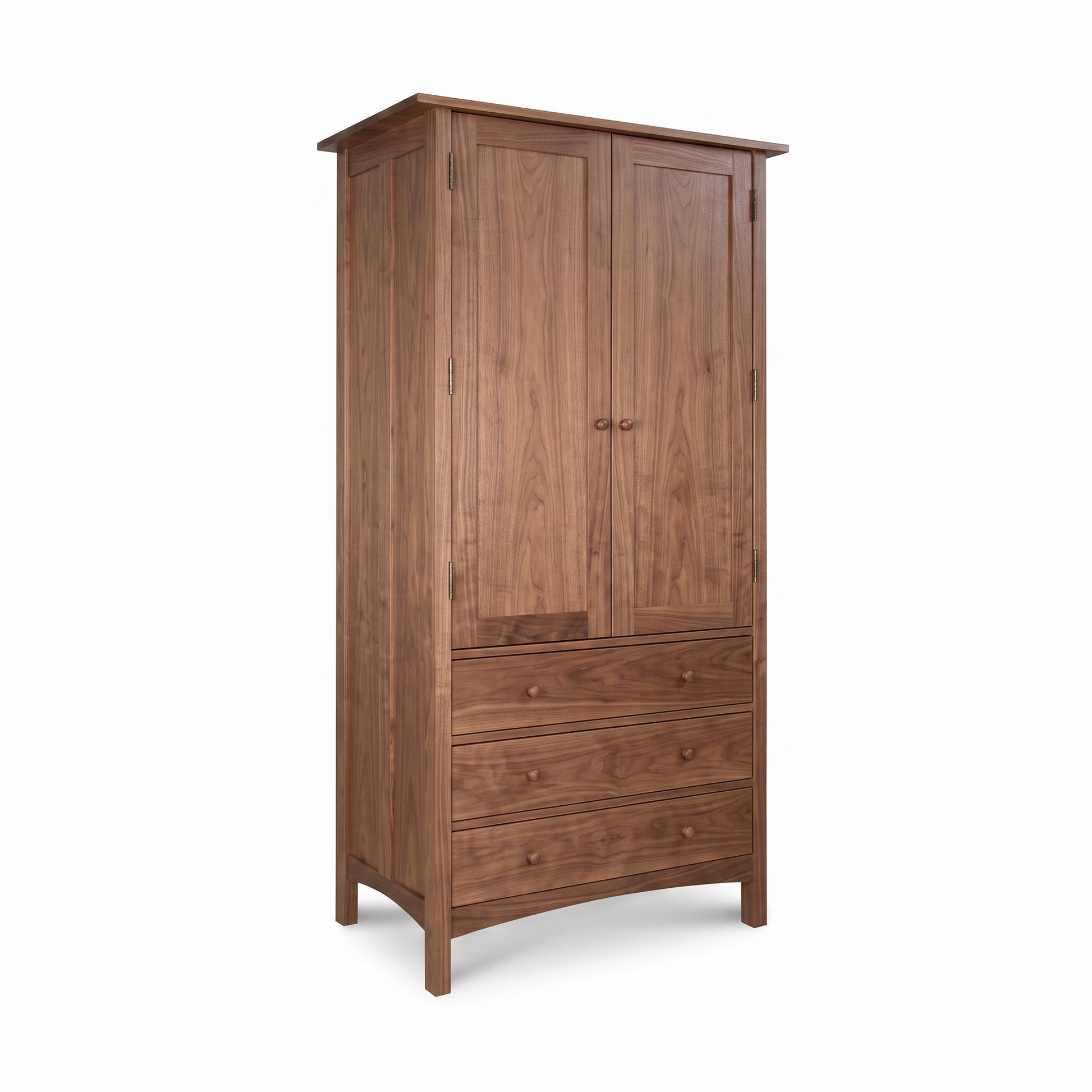 Burlington Shaker Tall Armoire by Vermont Furniture Designs with two doors, three drawers, round knobs, and a natural solid wood finish.