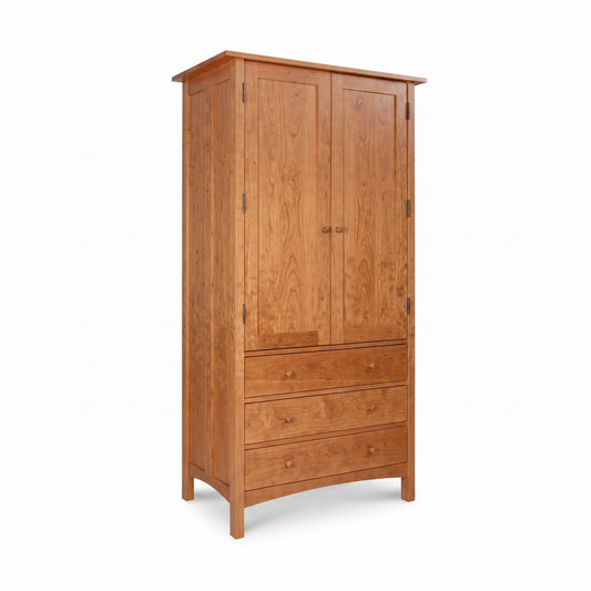 Burlington Shaker Tall Armoire by Vermont Furniture Designs with two doors, three drawers, handcrafted in classic Vermont style, American made.