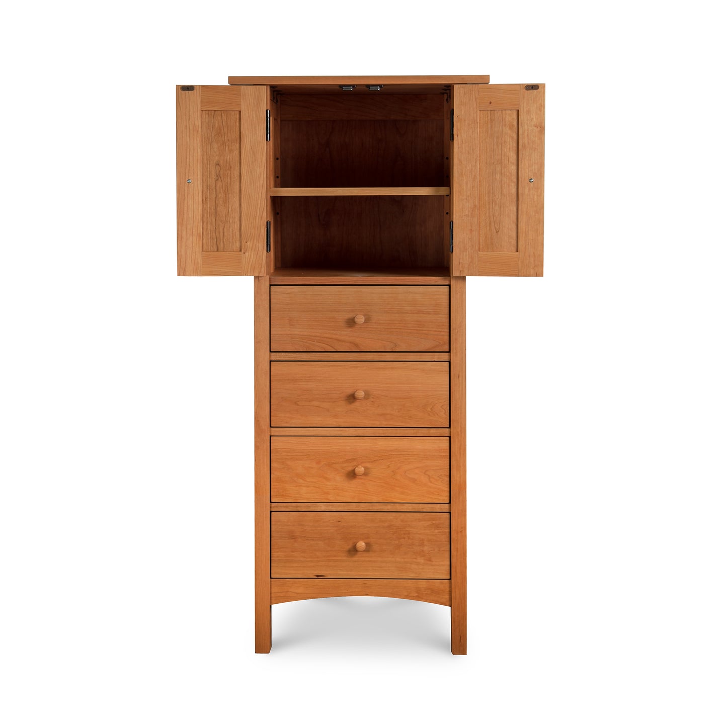 Burlington Shaker Tall Storage Chest with open shelves and four drawers, expertly handcrafted in Vermont.
