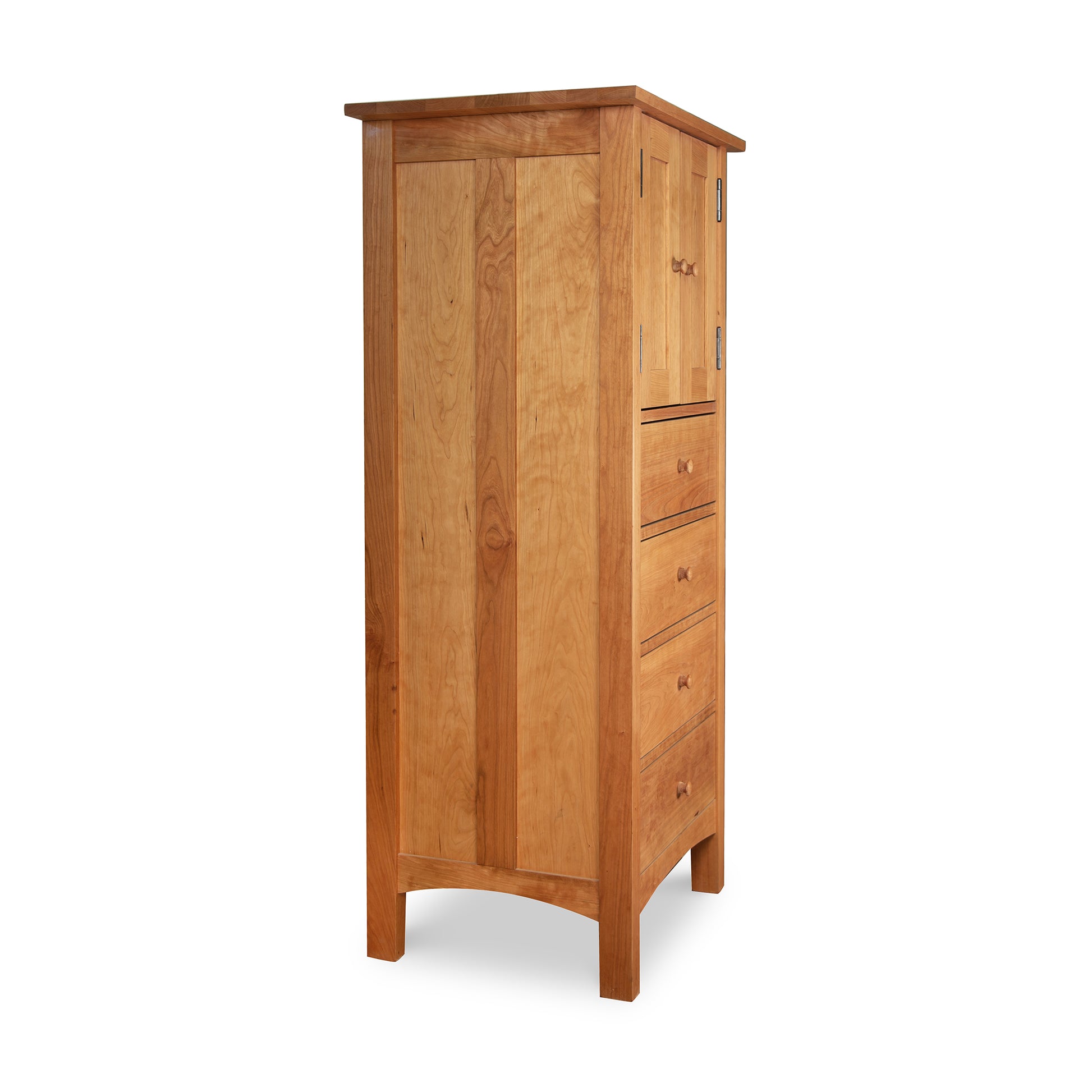 Burlington Shaker Tall Storage Chest with four drawers and cabinet, showcasing elegant handcrafted woodwork by Vermont Furniture Designs.