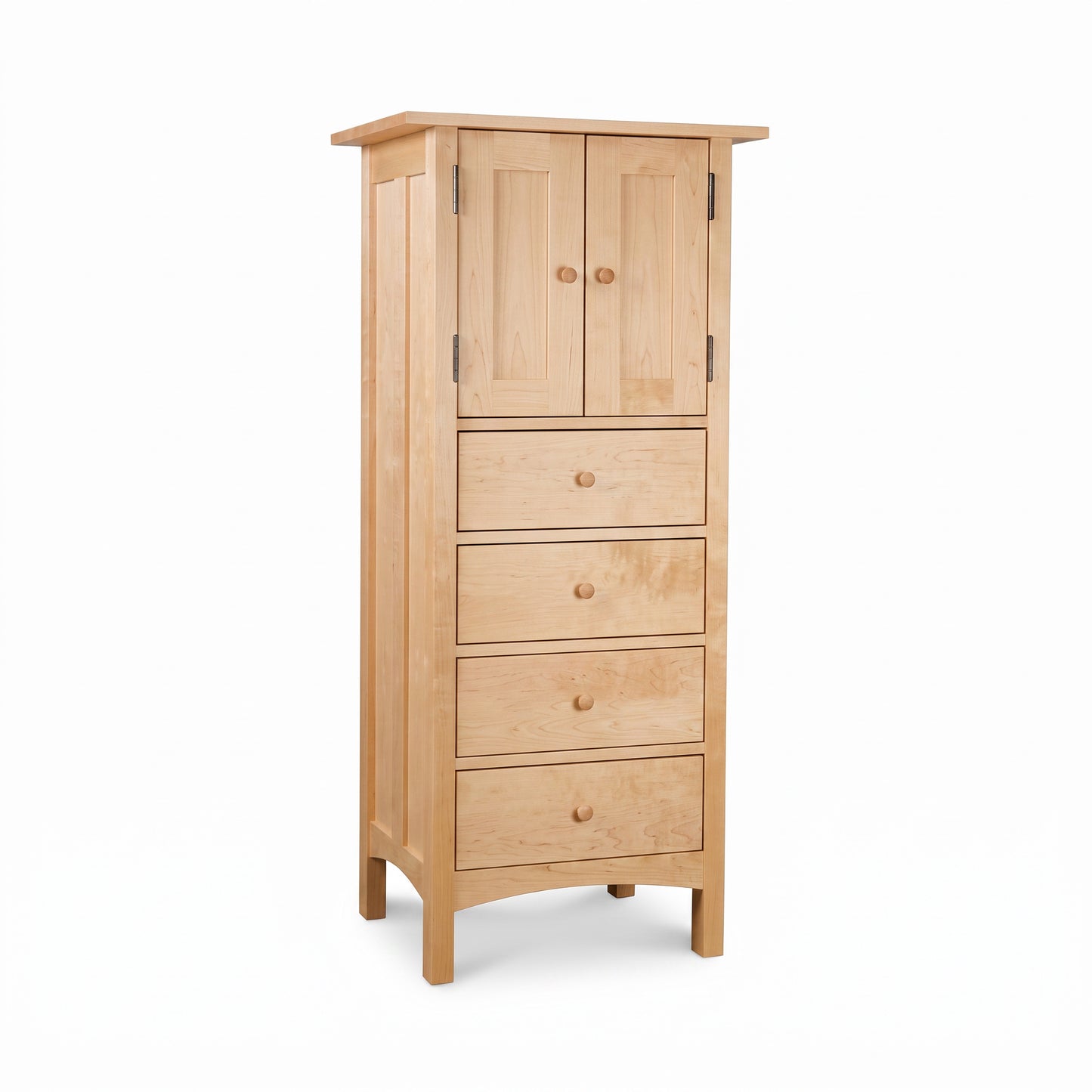 Burlington Shaker Tall Storage Chest by Vermont Furniture Designs in solid wood with four drawers and a two-door cabinet. American made.