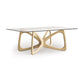 Copeland Butterfly Glass Top Dining Table with an abstract curved hardwood base, highlighting its elegant modern design.