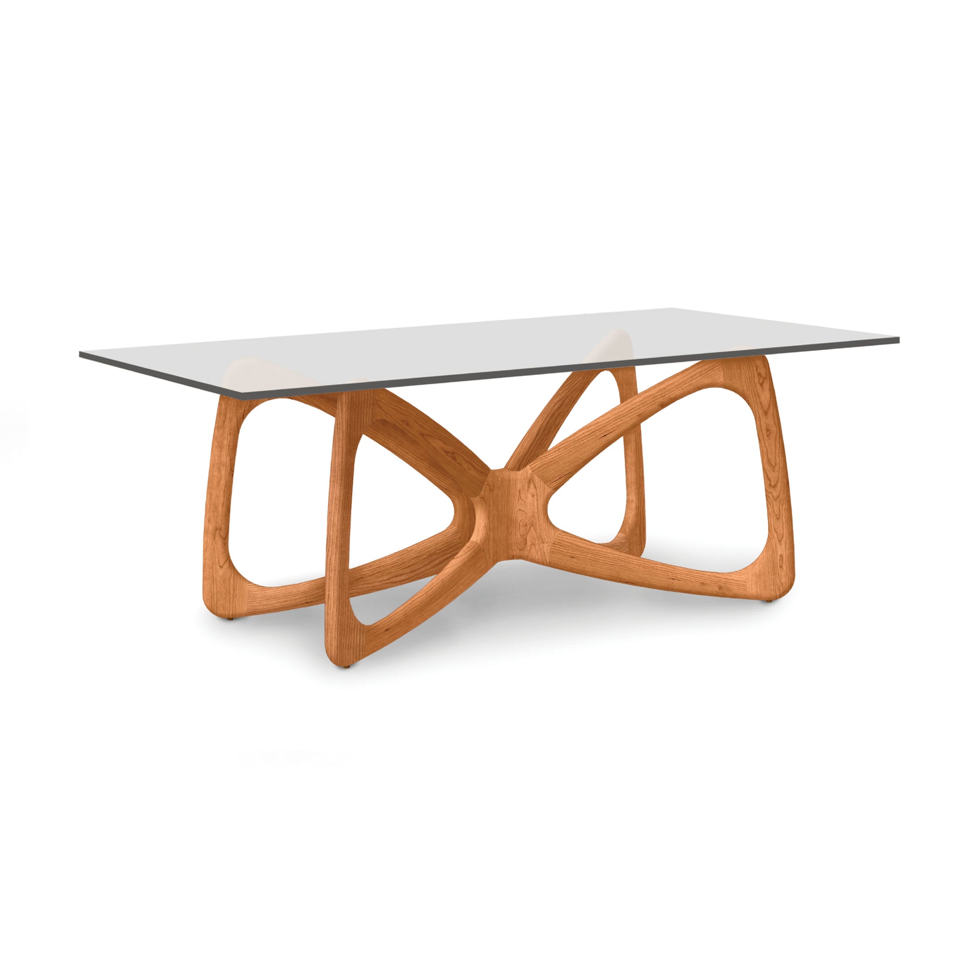 Copeland Furniture Butterfly Glass Top Dining Table with sculptural solid hardwood base, handcrafted in Vermont, American made, modern and elegant design.