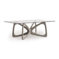 Butterfly Glass Top Dining Table by Copeland Furniture with a tempered glass surface and elegant light wood geometric base, highlighting its modern, sculptural design.