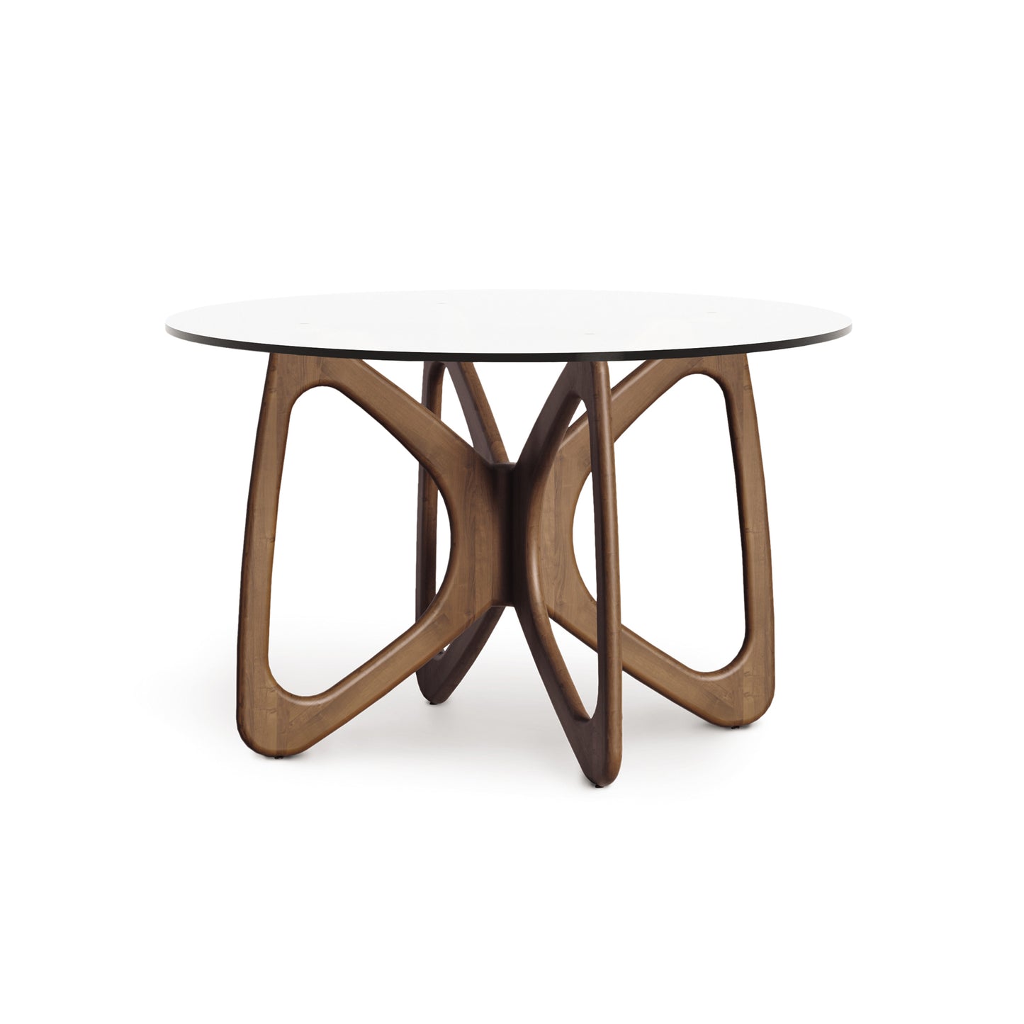 Butterfly Round Glass Top Table by Copeland Furniture showcasing a sculptural hardwood base with elegant curves and craftsmanship.