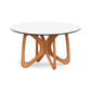 Butterfly Round Glass Top Table by Copeland Furniture with a sculptural hardwood base and clear glass top, crafted in Vermont, American made.