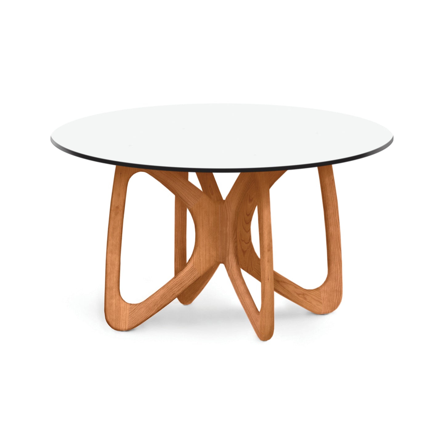 Butterfly Round Glass Top Table by Copeland Furniture with a sculptural hardwood base and clear glass top, crafted in Vermont, American made.