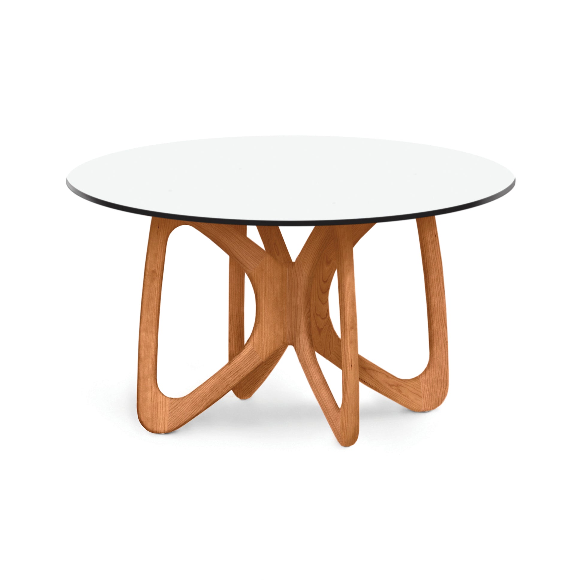 Butterfly Round Glass Top Table by Copeland Furniture with a sculptural hardwood base and clear glass top, crafted in Vermont, American made.