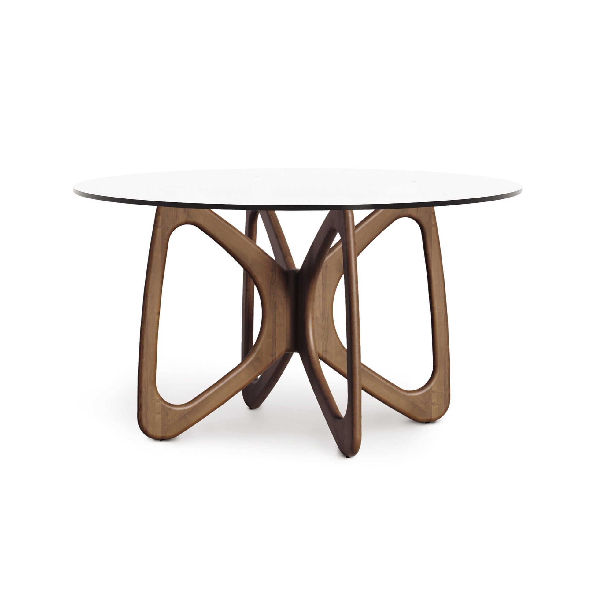 Butterfly Round Glass Top Table by Copeland Furniture with a white glass surface and sculptural hardwood base, handcrafted in America.