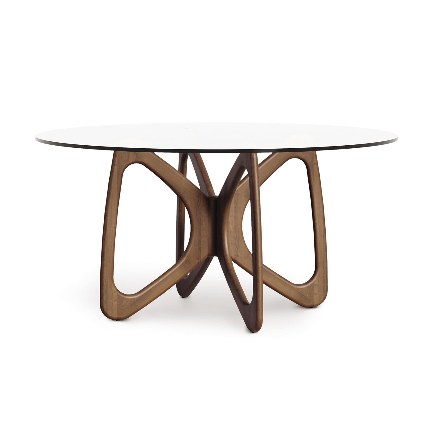 Butterfly Round Glass Top Table by Copeland Furniture, American-made with a sculptural hardwood base and elegant, modern round glass surface.