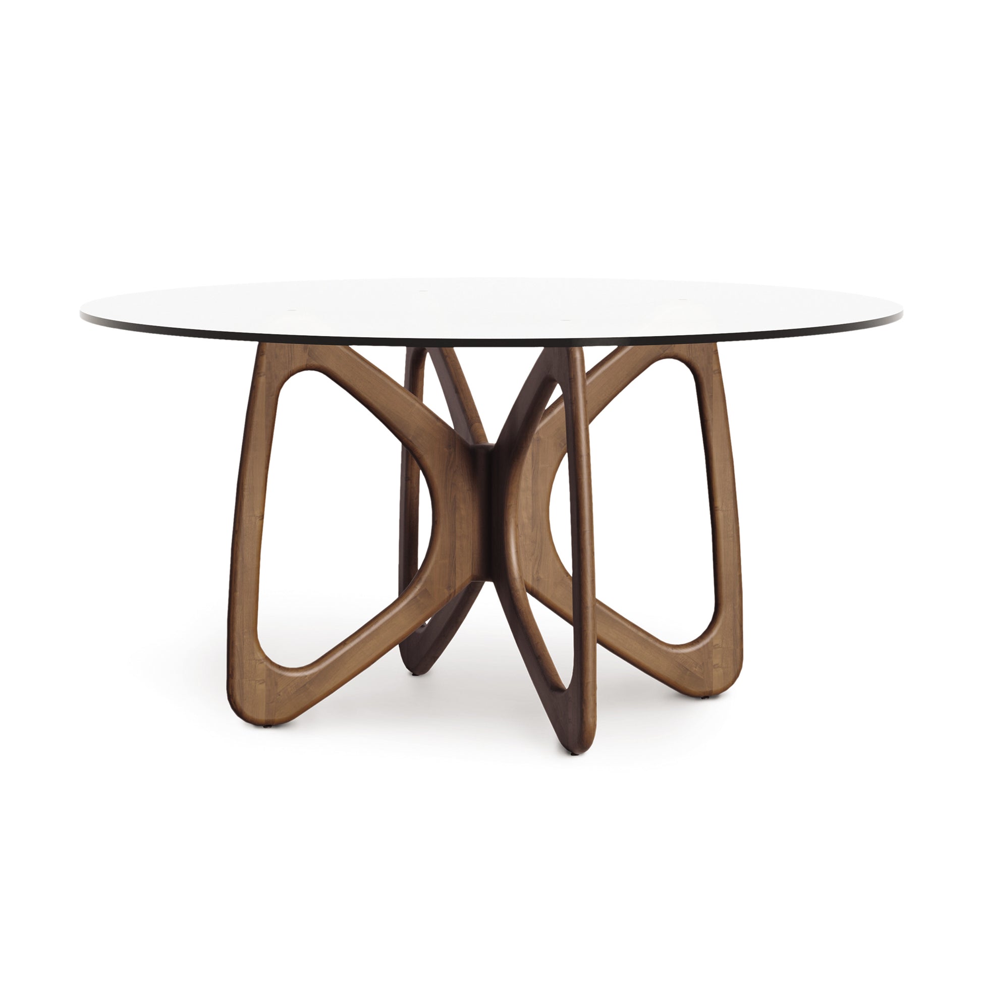 Butterfly Round Glass Top Table by Copeland Furniture, American-made with a sculptural hardwood base and elegant, modern round glass surface.