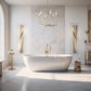 Hubbardton Forge Carbon Large Outdoor Sconce mounted above a white bathtub, showcasing its sleek design and quality craftsmanship.