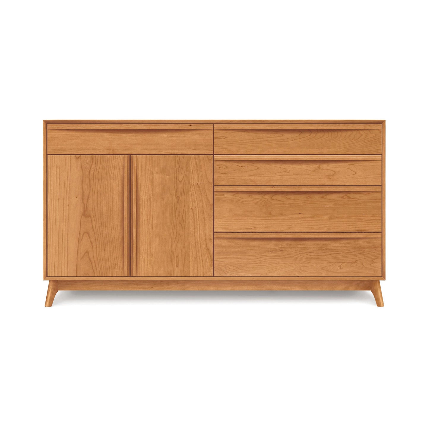 Mid-century modern Copeland Furniture Catalina Dresser featuring a light brown finish, with five spacious drawers and two doors for bedroom storage.