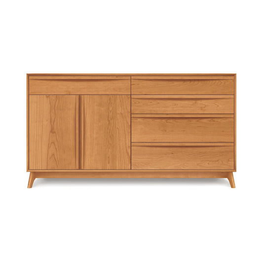 Mid-century modern Copeland Furniture Catalina Dresser featuring a light brown finish, with five spacious drawers and two doors for bedroom storage.