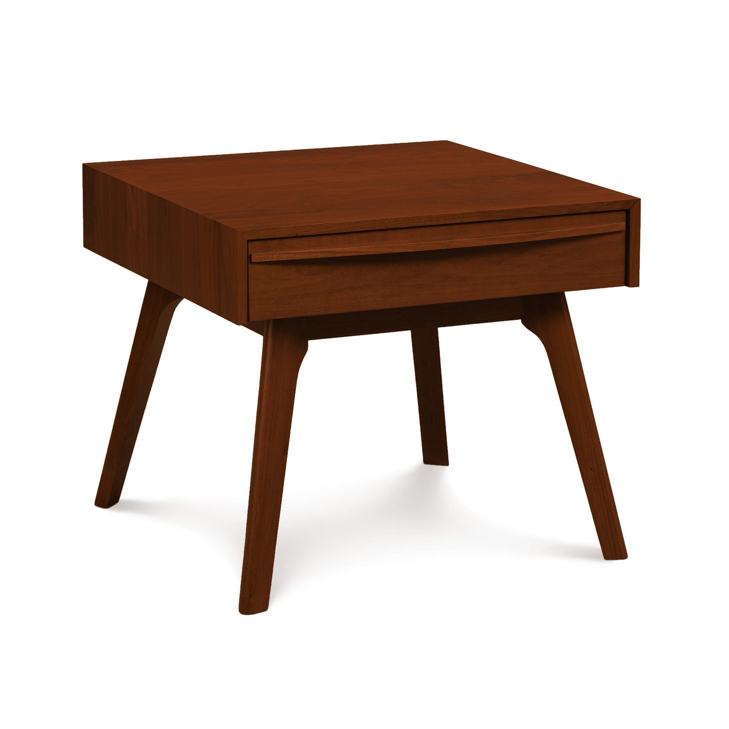 Catalina 1-Drawer Nightstand by Copeland Furniture featuring solid sustainable wood, mid-century design, and angled legs.