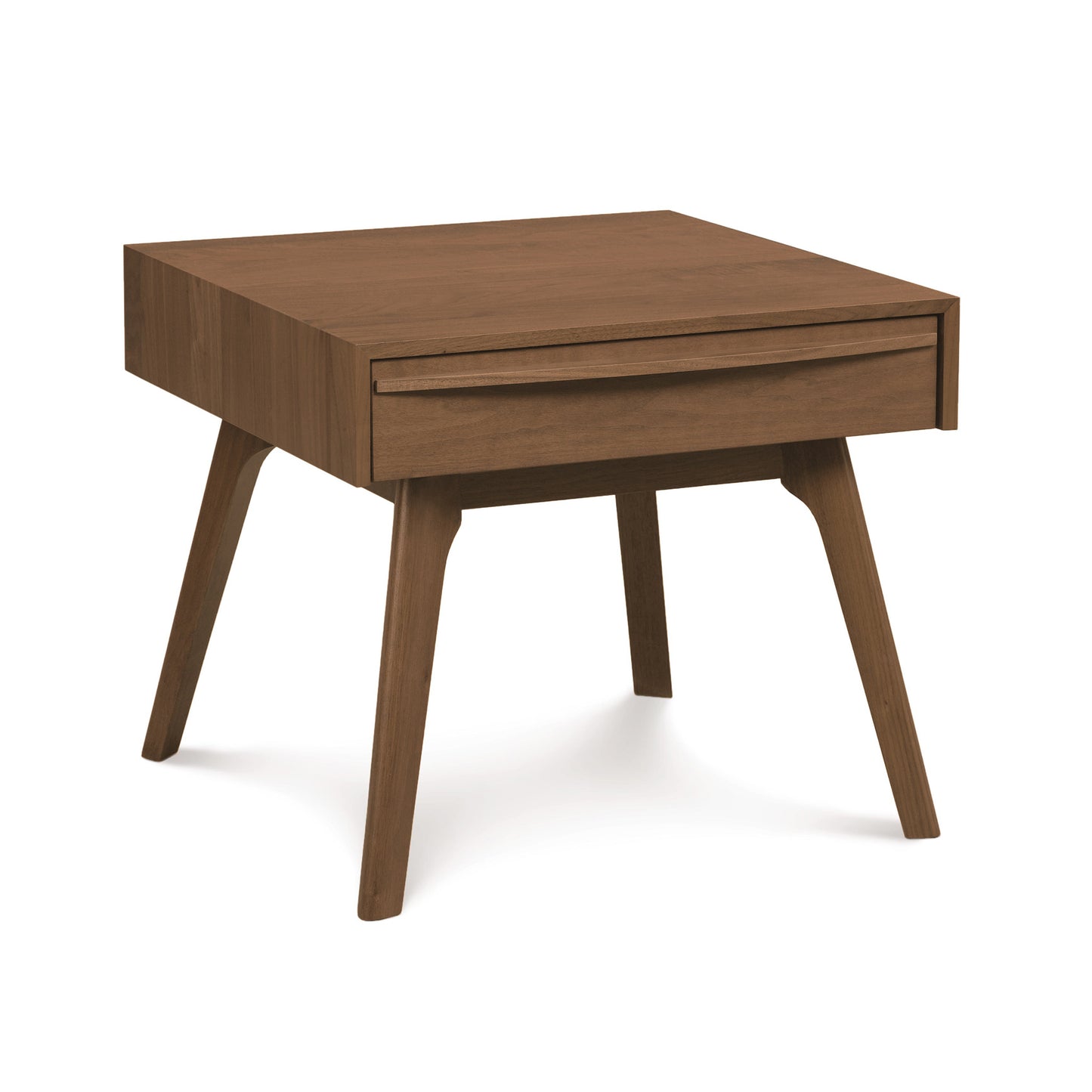 Catalina 1-Drawer Nightstand by Copeland Furniture, featuring mid-century modern design with solid wood construction, angled legs, and a single drawer.
