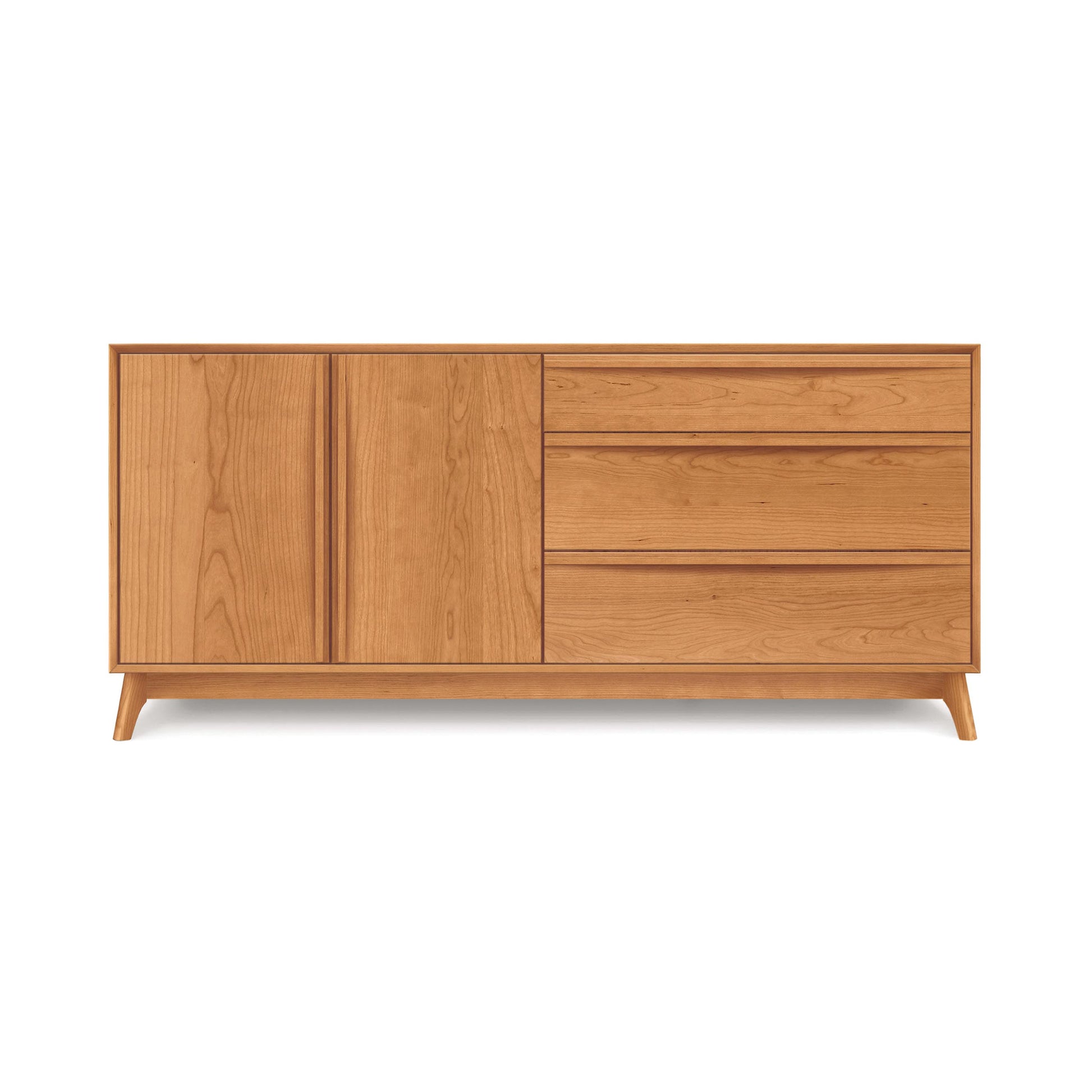Copeland Catalina Buffet with 3 drawers, 2 doors, and angled legs in a natural finish, showcasing mid-century modern design.