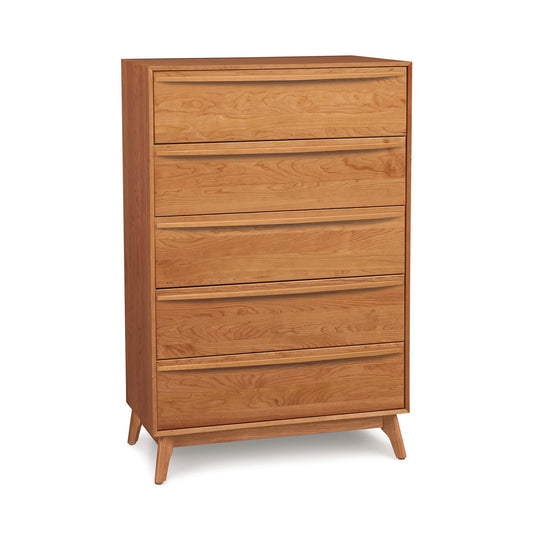 Catalina 5-Drawer Wide Chest by Copeland Furniture, featuring a light wood finish and angled legs in a mid-century modern design.