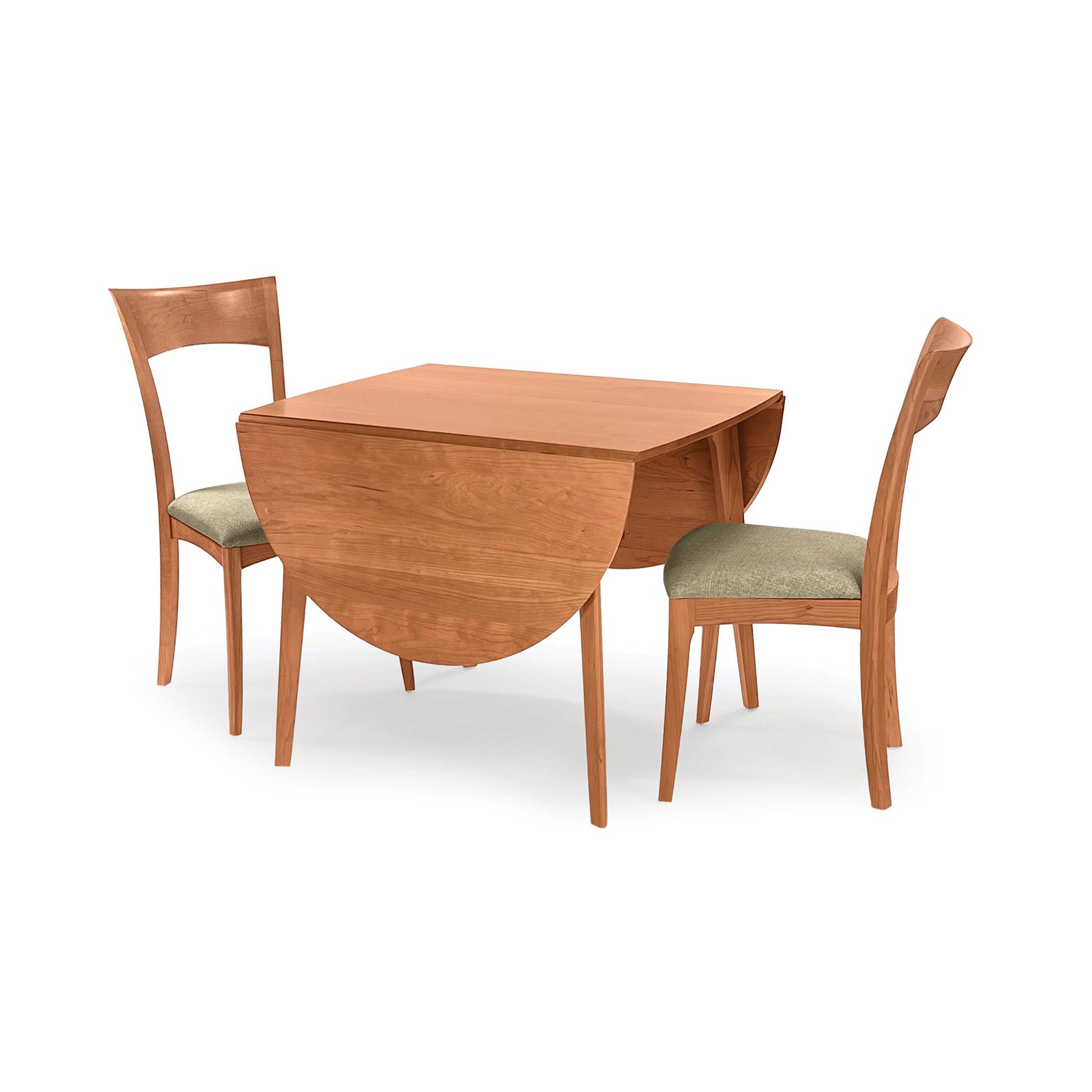 Copeland Catalina Drop-Leaf Dining Table with two matching upholstered chairs, crafted in America from quality wood.