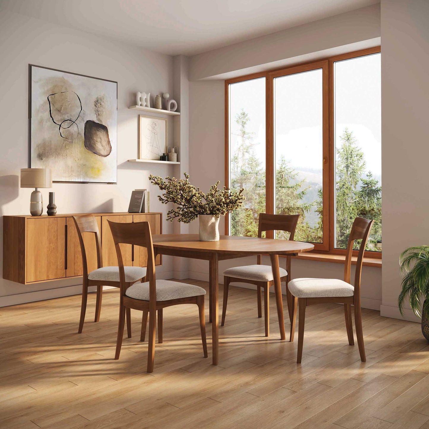 Copeland Catalina Drop-Leaf Dining Table with four matching chairs and sideboard, showcasing American-made hardwood craftsmanship.