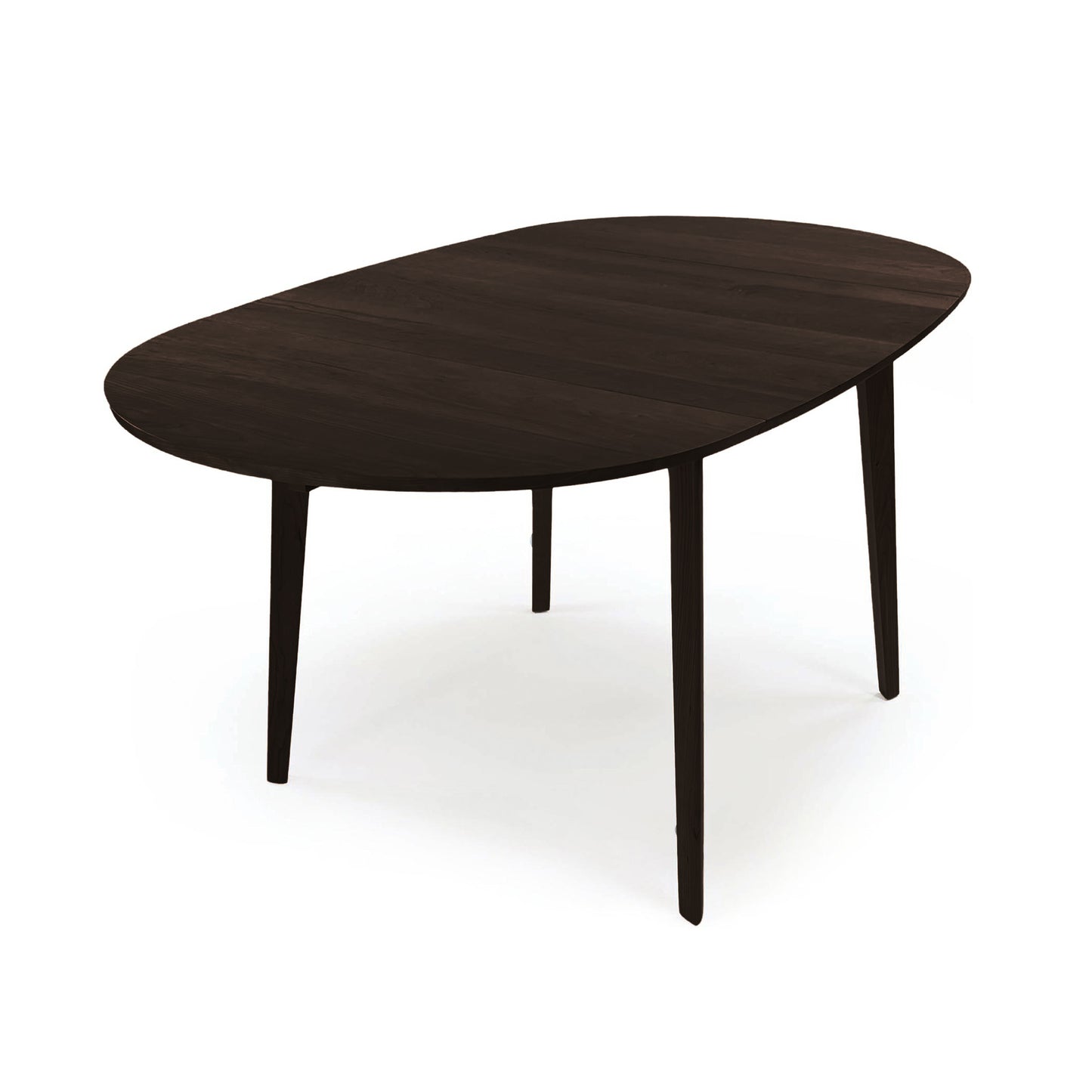 Copeland Furniture Catalina Drop-Leaf Dining Table with a dark brown oval solid wood top and four tapered legs, handcrafted in Vermont.