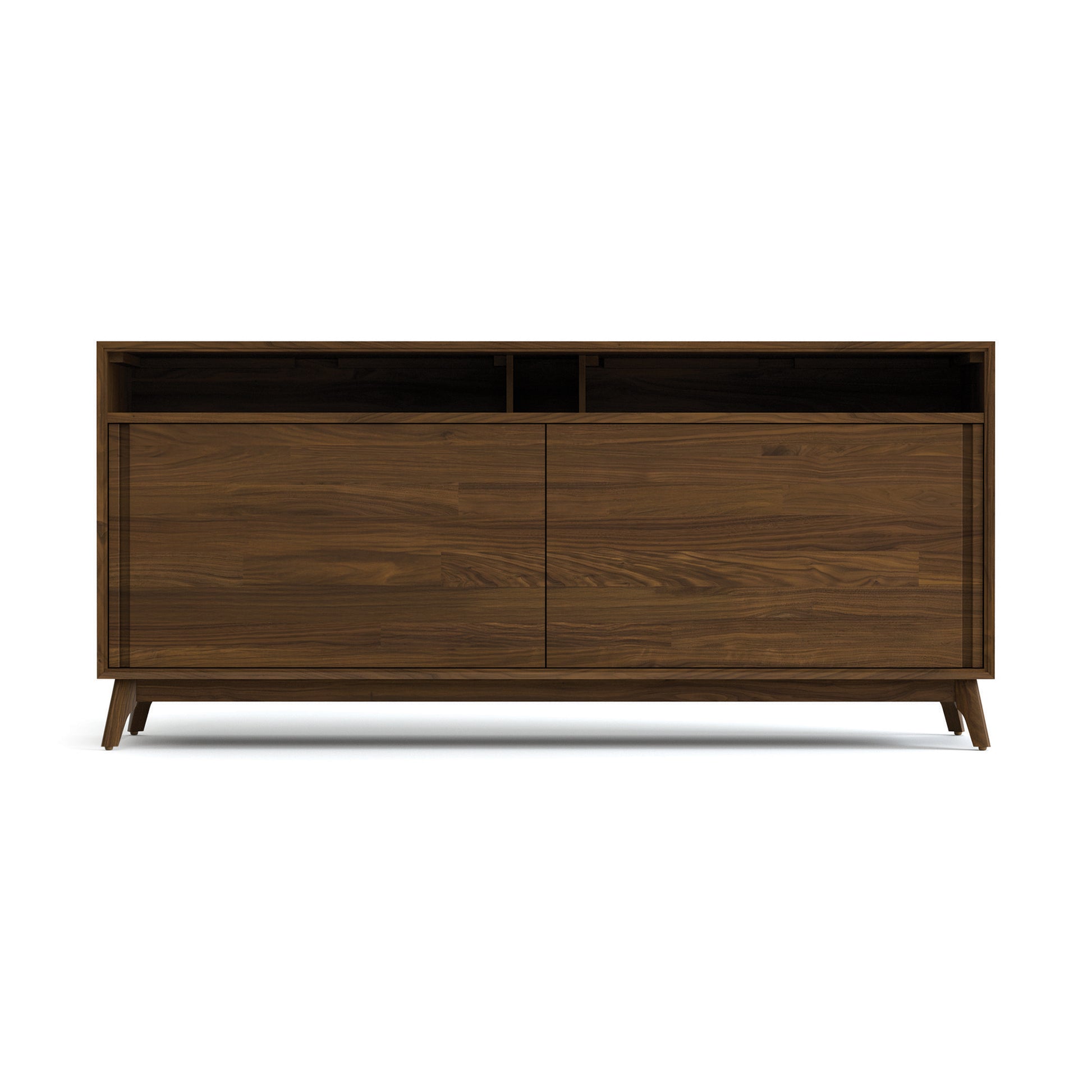 Catalina Media Console by Copeland Furniture with solid hardwood, closed cabinets, open shelf, and angled legs in a modern design.