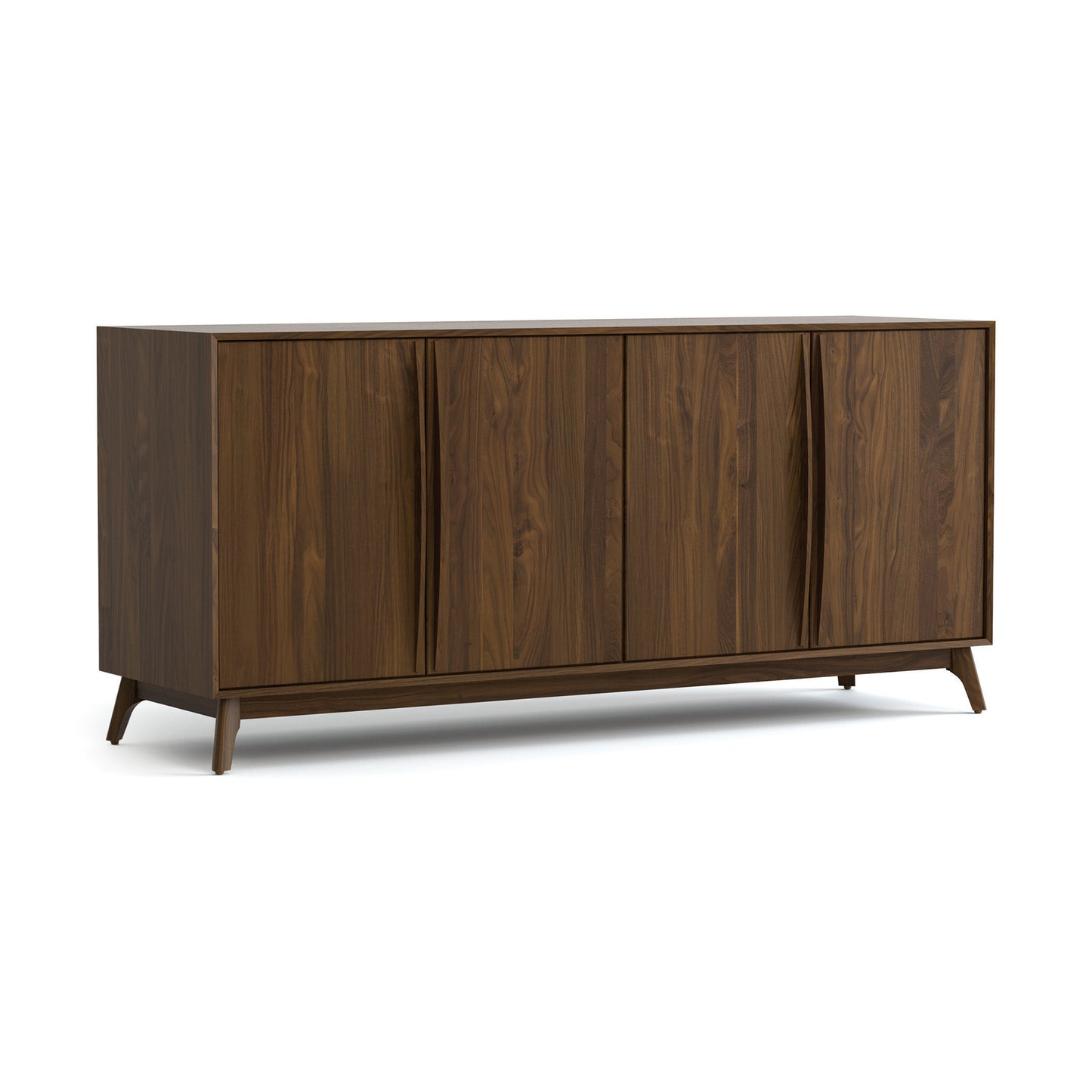 Catalina Media Console by Copeland Furniture features solid hardwood, four doors, angled legs, and a rich dark walnut finish—craftsmanship made in America.