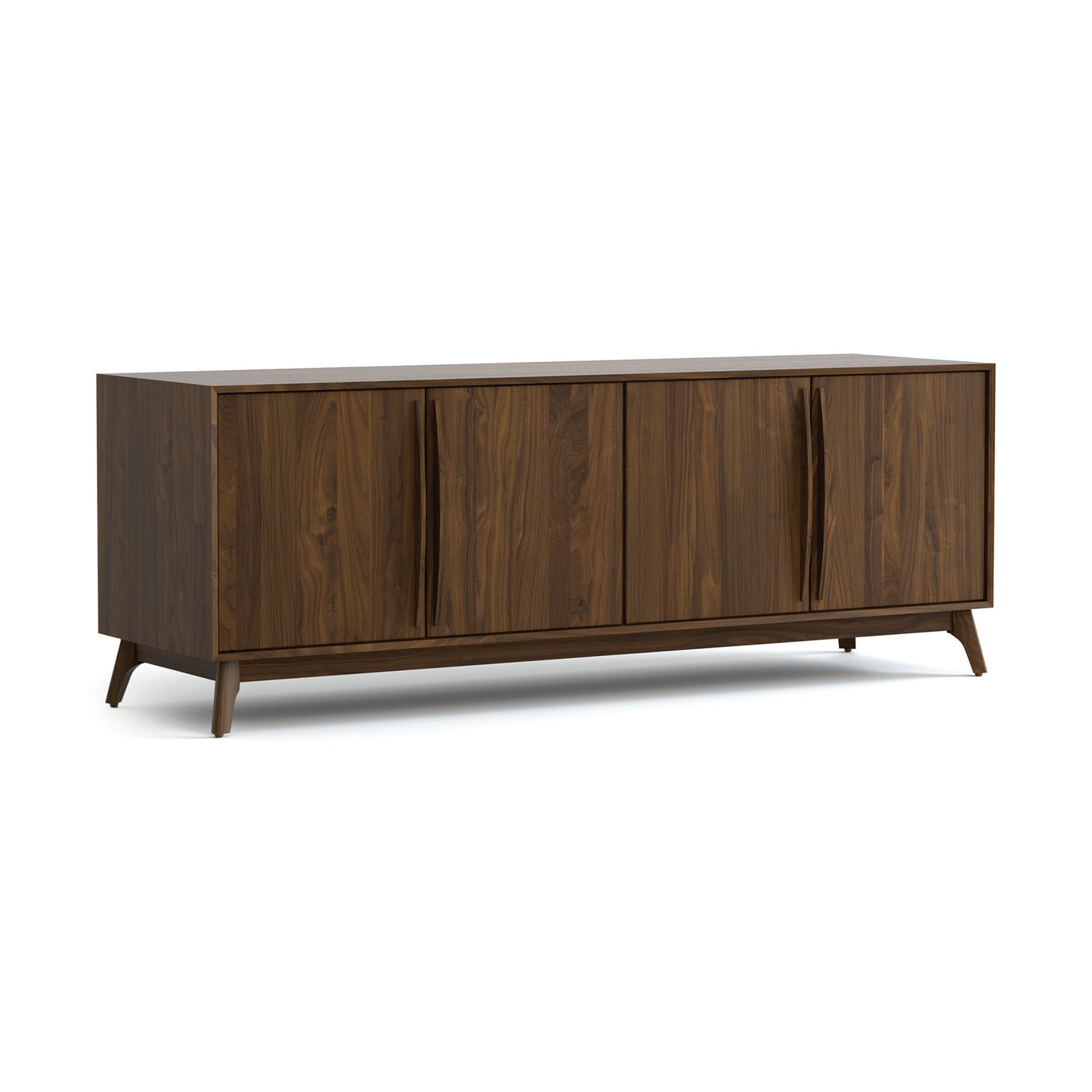 Catalina Media Console by Copeland Furniture with four doors, angled legs, and smooth dark brown finish; handcrafted American-made quality.