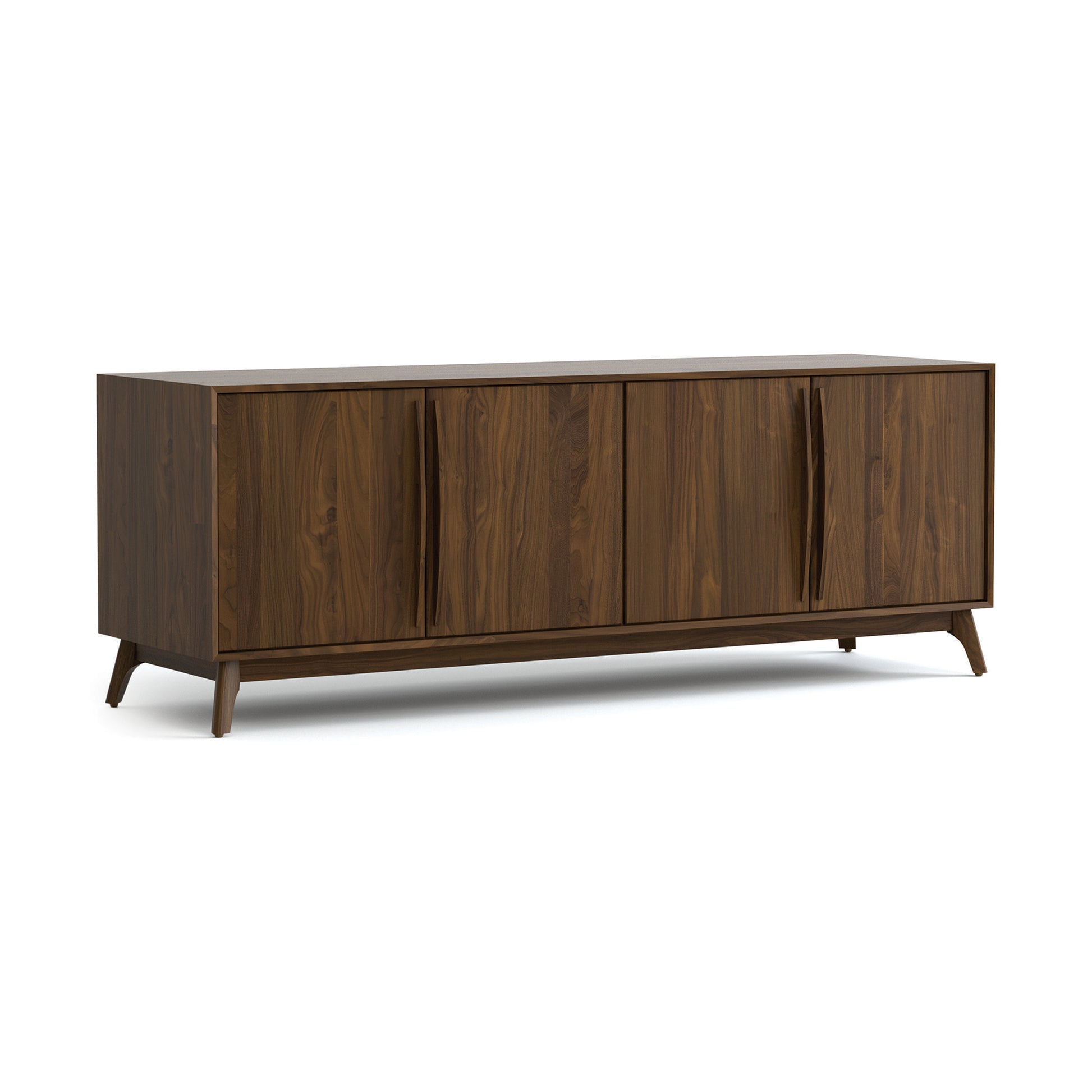 Catalina Media Console by Copeland Furniture with four doors, angled legs, and smooth dark brown finish; handcrafted American-made quality.