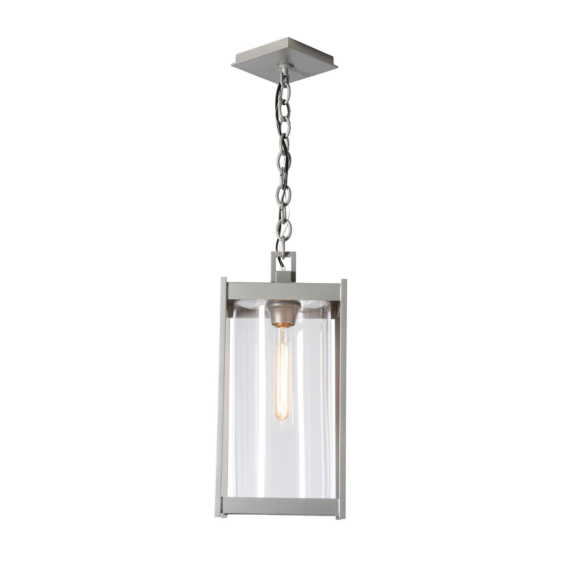 Cela Large Outdoor Lantern by Hubbardton Forge with a rectangular metal frame and Edison bulb, highlighting modern craftsmanship and elegant outdoor design.